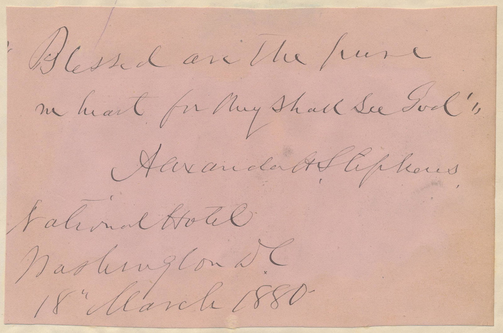 ALEXANDER H. STEPHENS: (1812 - 1883) Vice President of the Confederacy who urged moderation and negotiation with the Union. Excellent A.Q.S. 'Alexander H. Stephens' on a pink slip, 5.75 x 4 in., bearing the inspirational qu