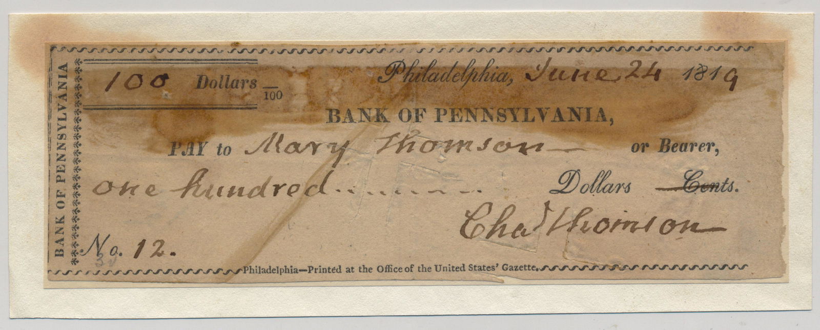 CHARLES THOMSON: (1729-1824) Irish born American patriot, unanimously elected first Secretary of the Continental Congress in 1774 and held the post until 1789, chosen to notify Washington of his election to the Presid