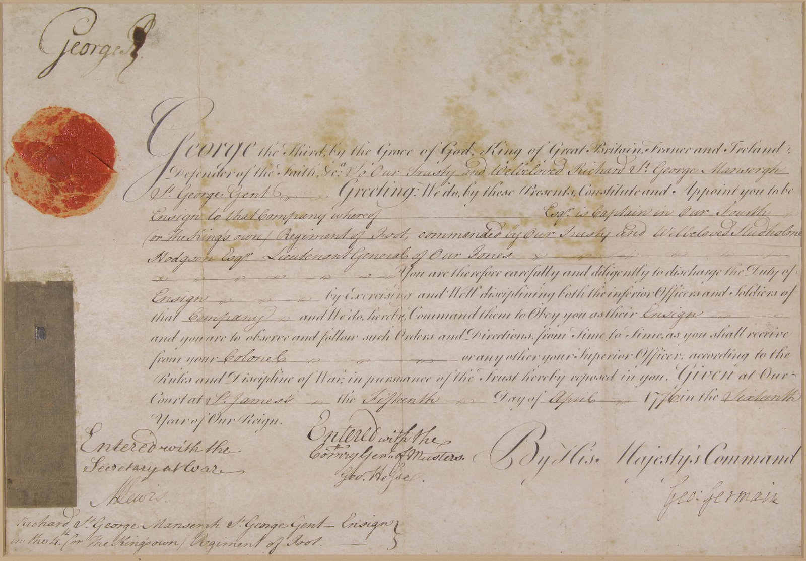 GEORGE III PROMOTES AN IRISHMAN LATER WOUNDED AT: (1738 - 1820) King of England during the American Revolution, it was his policies of taxation and repression that led to the uprisings in the Colonies. Partly-printed D.S. as King, 1p. sm. folio parch