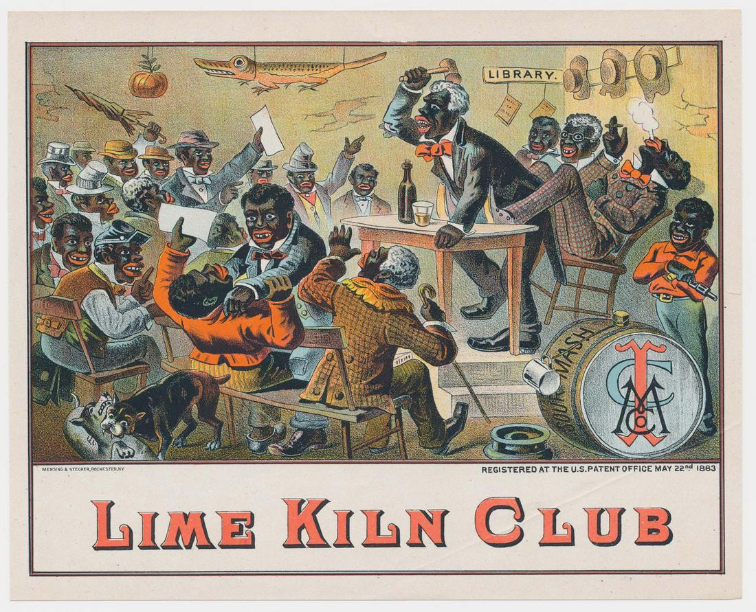 'LIME KILN CLUB' RACIST CIGAR BOX LABEL: Lime Kiln Club 1883 cigar label by Mensing & Stecher of Rochester, New York. A lithographed 7.5 x 4.75 in. inner label with an insulting caricature image of a boisterous group of blacks at a lodge mee