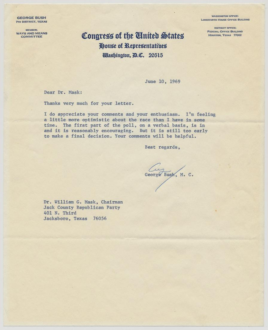 GEORGE H. BUSH: (b. 1946) Forty-third President of the United States who won his office after a hotly contested election. Good content T.L.S. 'George' on congressional letterhead, 1p. 4to., Washington, June 10, 1969,