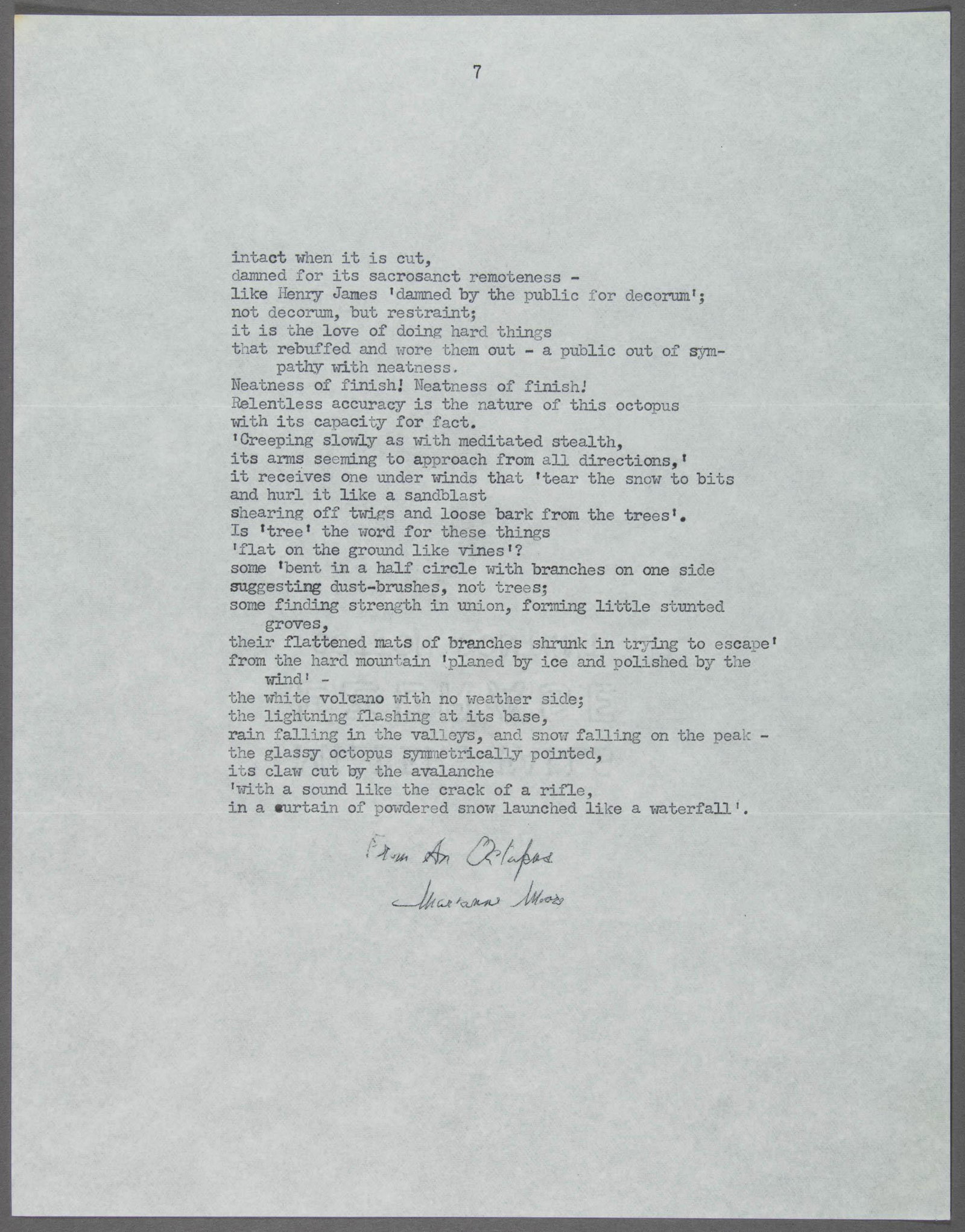 MARIANNE MOORE: (1887- 1972) Famous American poet who wrote 'An Octopus of Ice.' T.Ms.S. 'from an octopus, Marianne Moore' in black ink, 7pp., 4to., [n.p.], [n.d.] Mooreâ€™s famous poem, beginning: 'An Octopus o