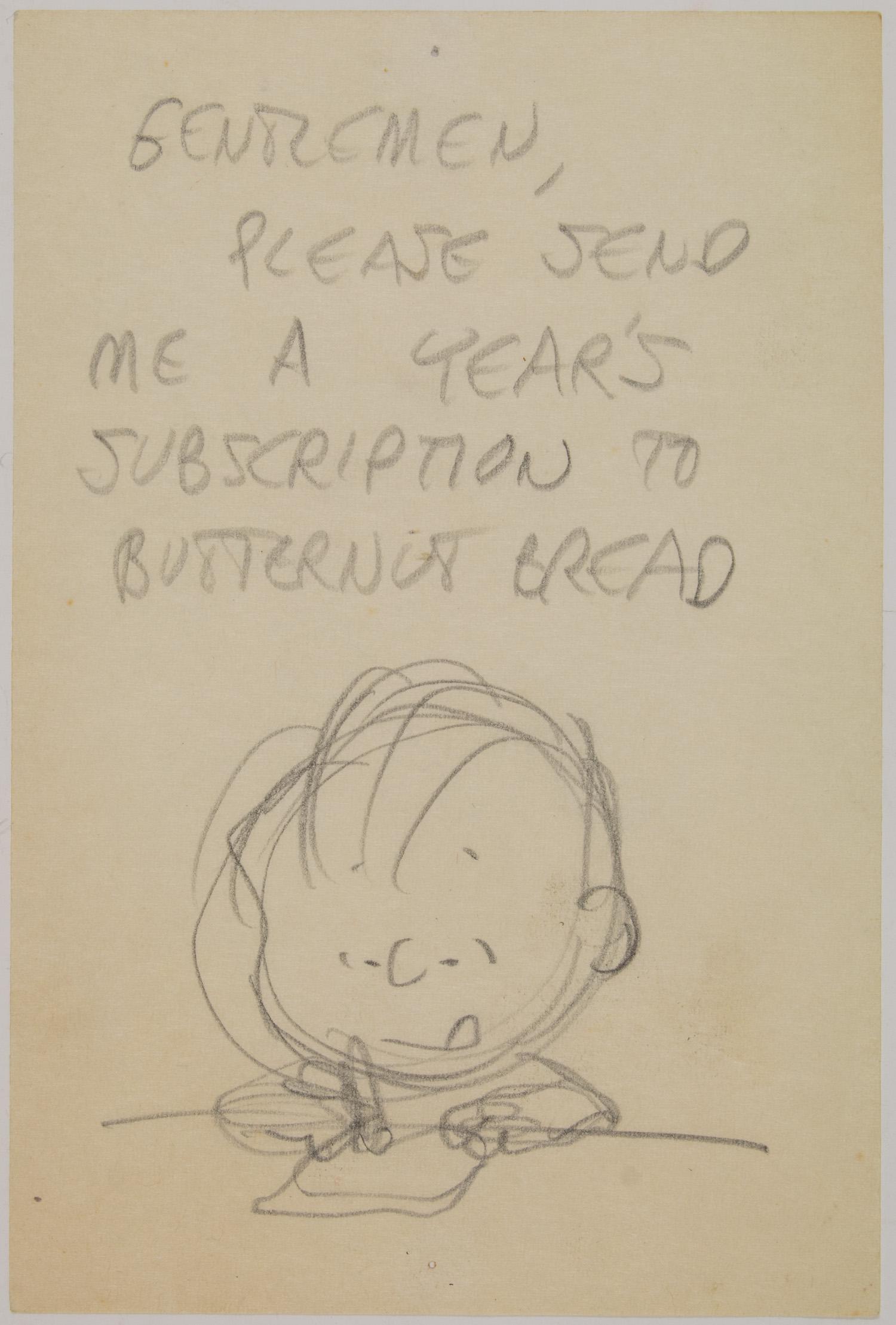 CHARLES M. SCHULZ: (1922 - 2000) American cartoonist and creator of Snoopy, Charlie Brown, and the rest of the Peanuts gang. Unusual pencil sketch of Linus on an off-white 4 x 6 in. sheet, unsigned, showing the classic 