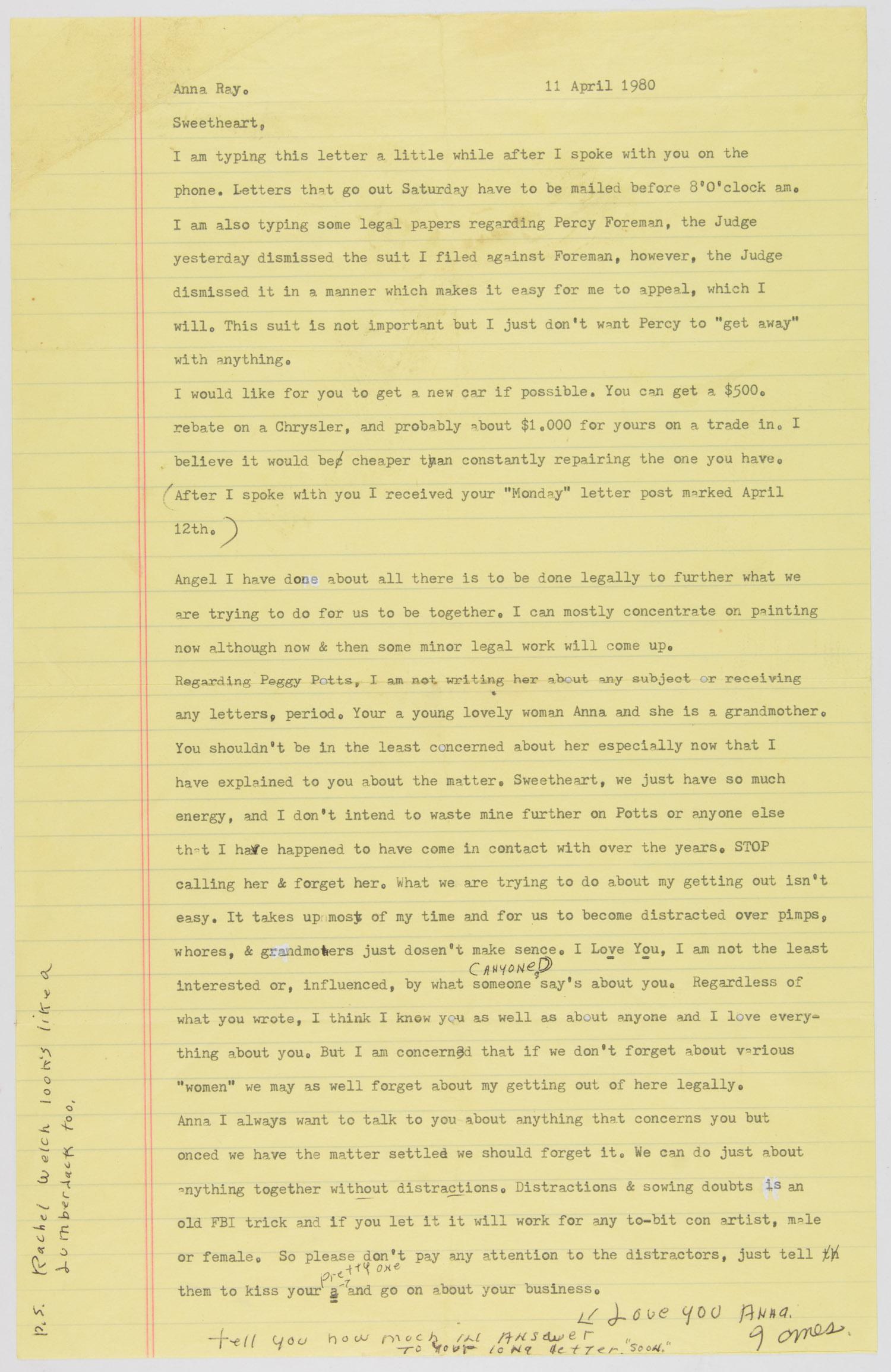 JAMES EARL RAY: (1928-1998) Assassin of Martin Luther King whom he killed in Memphis in 1968. T.L.S. 'James', 1p. folio, [Bushy Mountain State Penitentiary], April 11, 1980, to his wife Anna Sandhu Ray whom he marrie