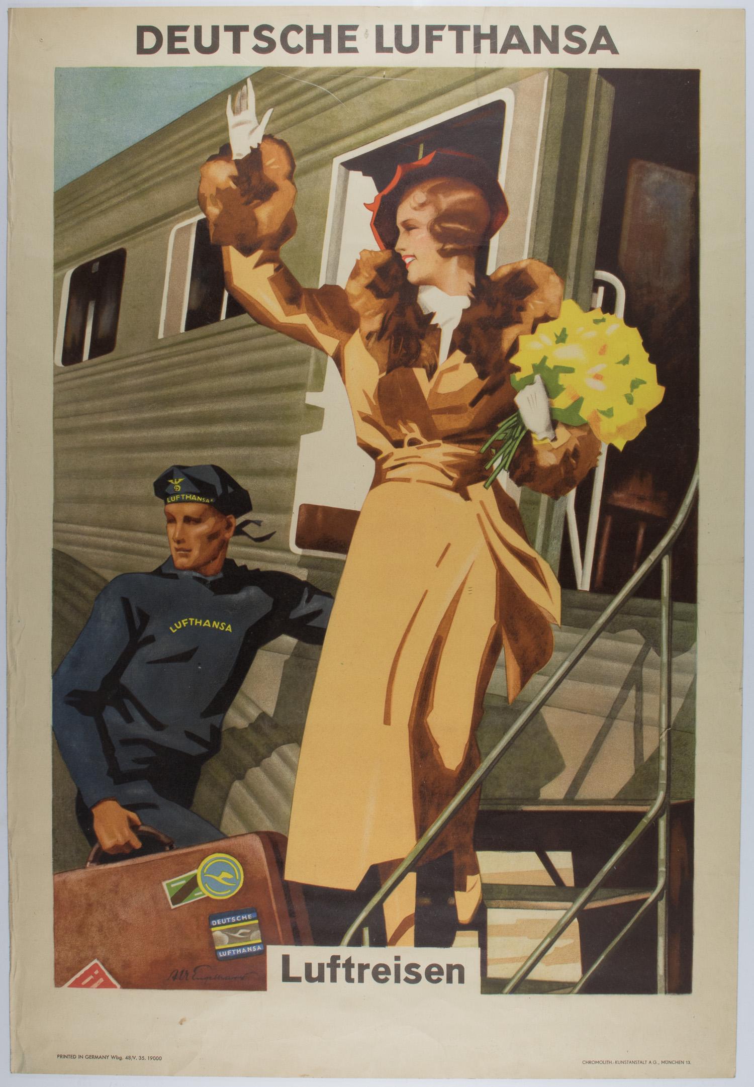 EARLY 'DEUTSCHE LUFTHANSA' ADVERTISING POSTER: Original German poster advertising the airline 'Deutsche Lufthansa', 18 x 26 in., bearing art by Julius Ussy Engelhard, showing a smiling woman waving from the steps as she boards a plane. A man behin