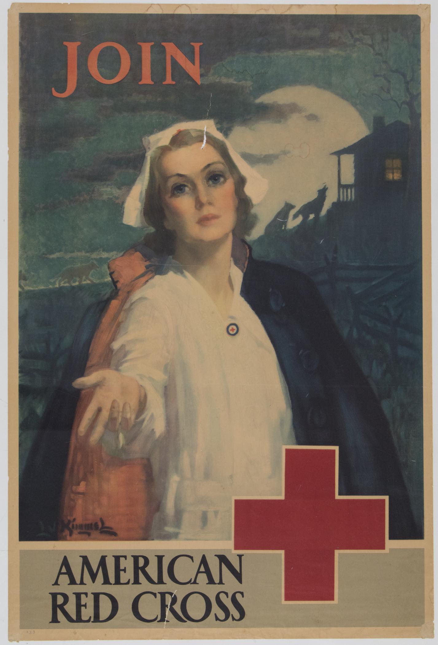 RED CROSS PROPAGANDA POSTERS (2): Good pair of American Red Cross propaganda posters, includes: 20 x 30.5 in. poster depicting a Red Cross nurse, with the name of the organization at the bottom and the simple exhortation 'Join'. The p