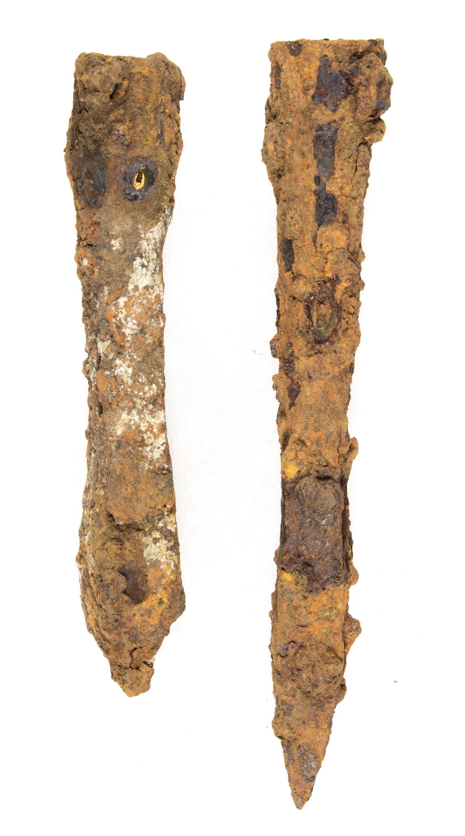 MEDIEVAL FLEMISH CROSSBOWHEADS: Two iron crossbow heads, 3 in. and 4 in. long, found during the excavation in the medieval city of Bruges in West Flanders, Belgium, ca. 13th century. Crossbows began to appear in Europe in the early 