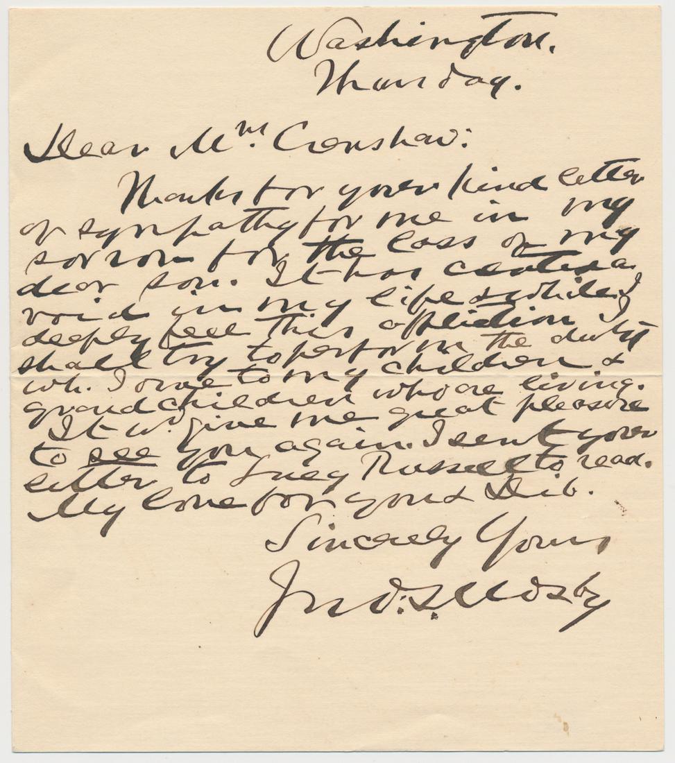 JOHN S. MOSBY: (1833 - 1916) Confederate officer, 'The Grey Ghost' led his Partisan Rangers on numerous troublesome raids against Union forces and supply trains. Great content A.L.S., 1p. 8vo., Washington, [n.d., bu