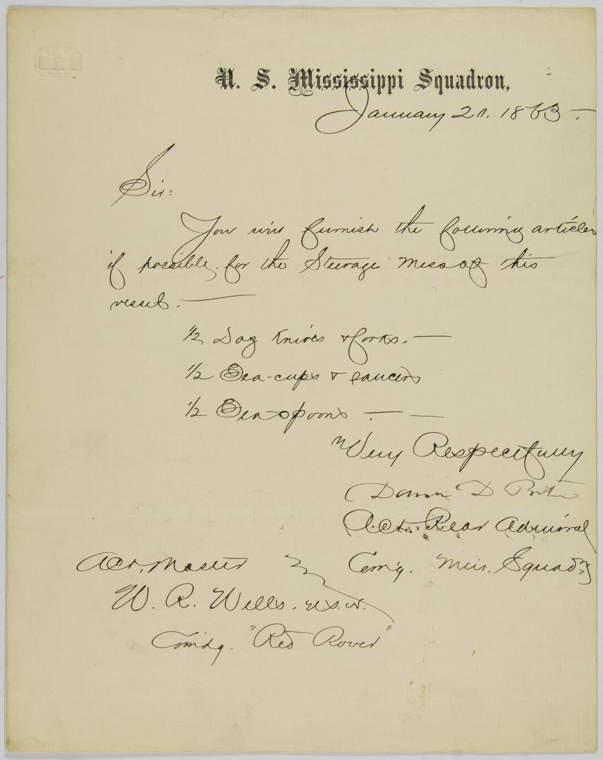 DAVID D. PORTER: (1813 - 1891) Union admiral and later served as superintendent of the U.S Naval Academy. War-date A.L.S. on 'U. S. Mississippi Squadron' letterhead, 1p. 4to., [n.p.], Jan. 20, 1863, to W.R. Wells, act