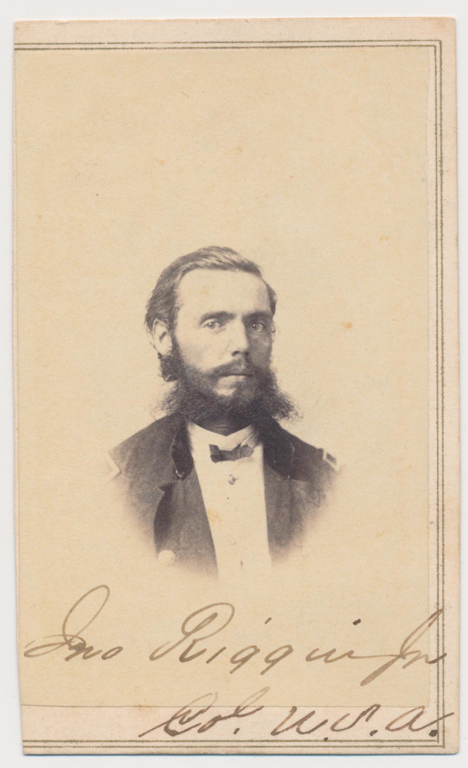 JOHN RIGGIN: (1810 - 1886) Union General who started as an aide to camp to Gen. Ulysses S. Grant and served under him for most of the war. Signed carte de viste, 2.5 x 4 in. b/w, chest up portrait in uniform, sign