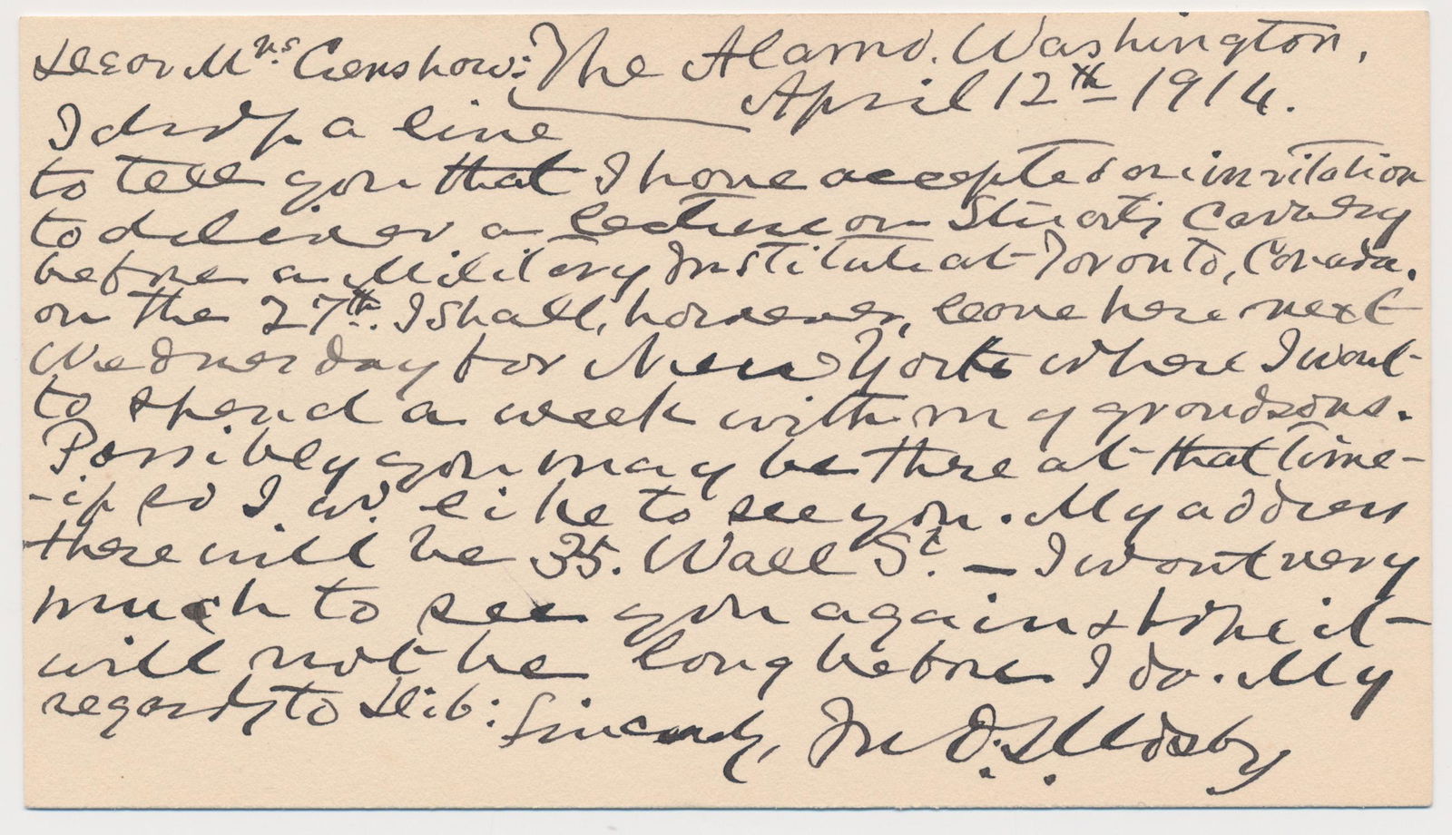 JOHN S. MOSBY: (1833 - 1916) Confederate officer, 'The Grey Ghost' led his Partisan Rangers on numerous troublesome raids against Union forces and supply trains. Great association A.L.S., 1p. 6.25 x 3.5 in., The Ala