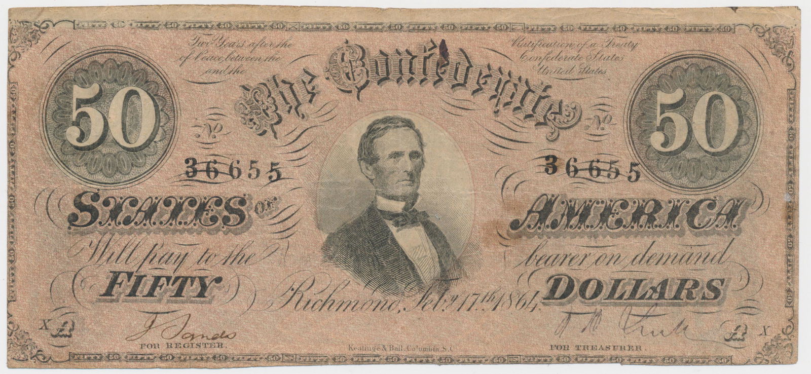 CONFEDERATE STATES OF AMERICA $50 BILL: A fine 7th series of CSA $50 note, 3 in. x 7 in., Columbia, Feb. 1864, with a portrait of C.S.A. President Jefferson Davis. Slight toning, else fine condition.
