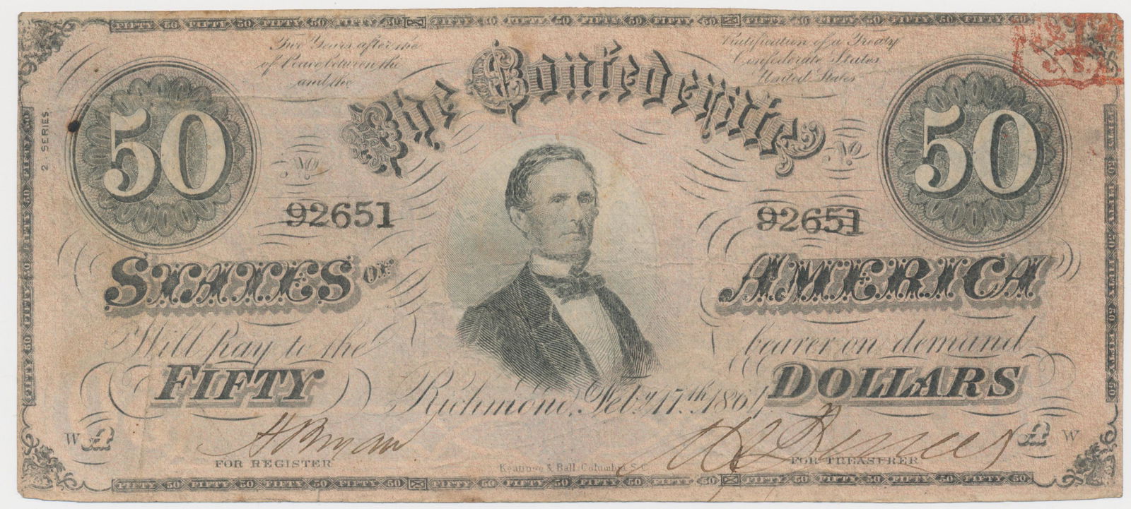 CONFEDERATE STATES OF AMERICA $50 BILL: A fine 7th series of CSA $50 note, 3 in. x 7 in., Columbia, Feb. 1864, with a portrait of C.S.A. President Jefferson Davis. Slight toning, else fine condition.