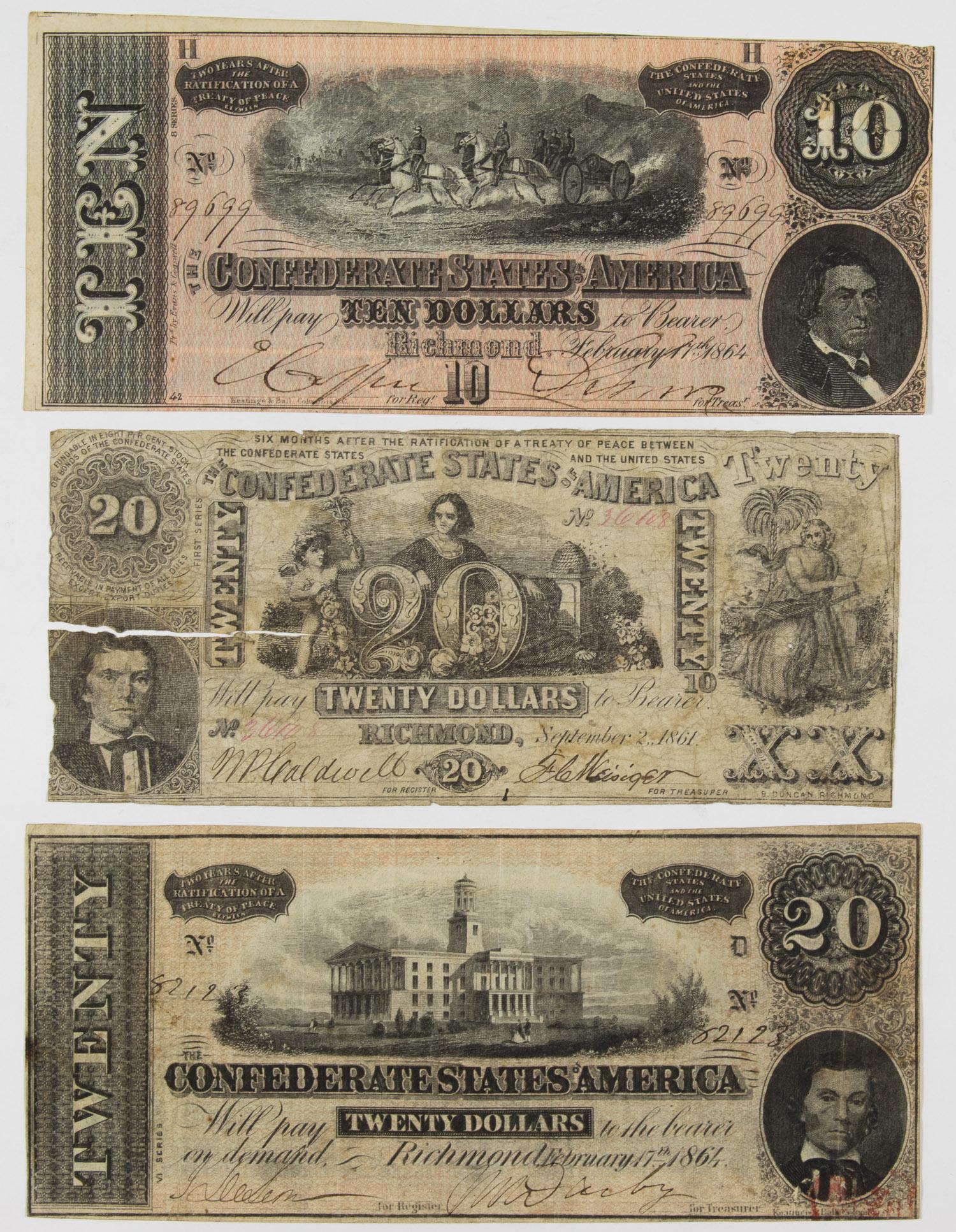 CONFEDERATE STATES OF AMERICA CURRENCY (3): Lot of three different CSA notes, including a 3rd series $20 note, and 7th series $20 and $10 notes. Each are 7 in. x 3 in., Richmond, 3rd series dated September 1861 and the 7th February 1864. The 3r