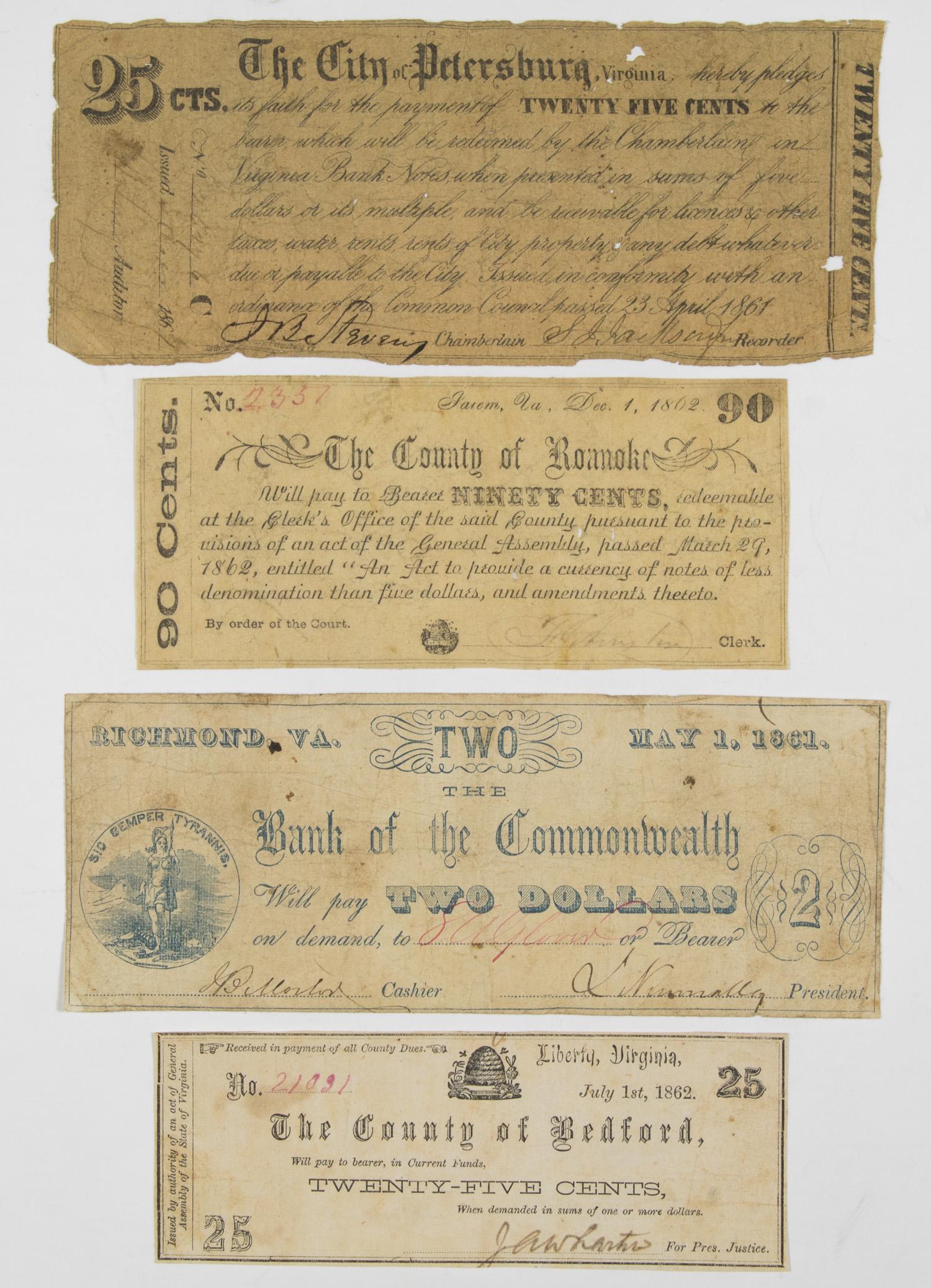 CIVIL WAR VIRGINIA BANKNOTES (4): Lot of four Civil War era bank notes all issued by banks in the State of Virginia, various sizes, issued in Richmond, Liberty, Petersburg, and Salem, 1861-1862, values include two 25 cent notes, one 9