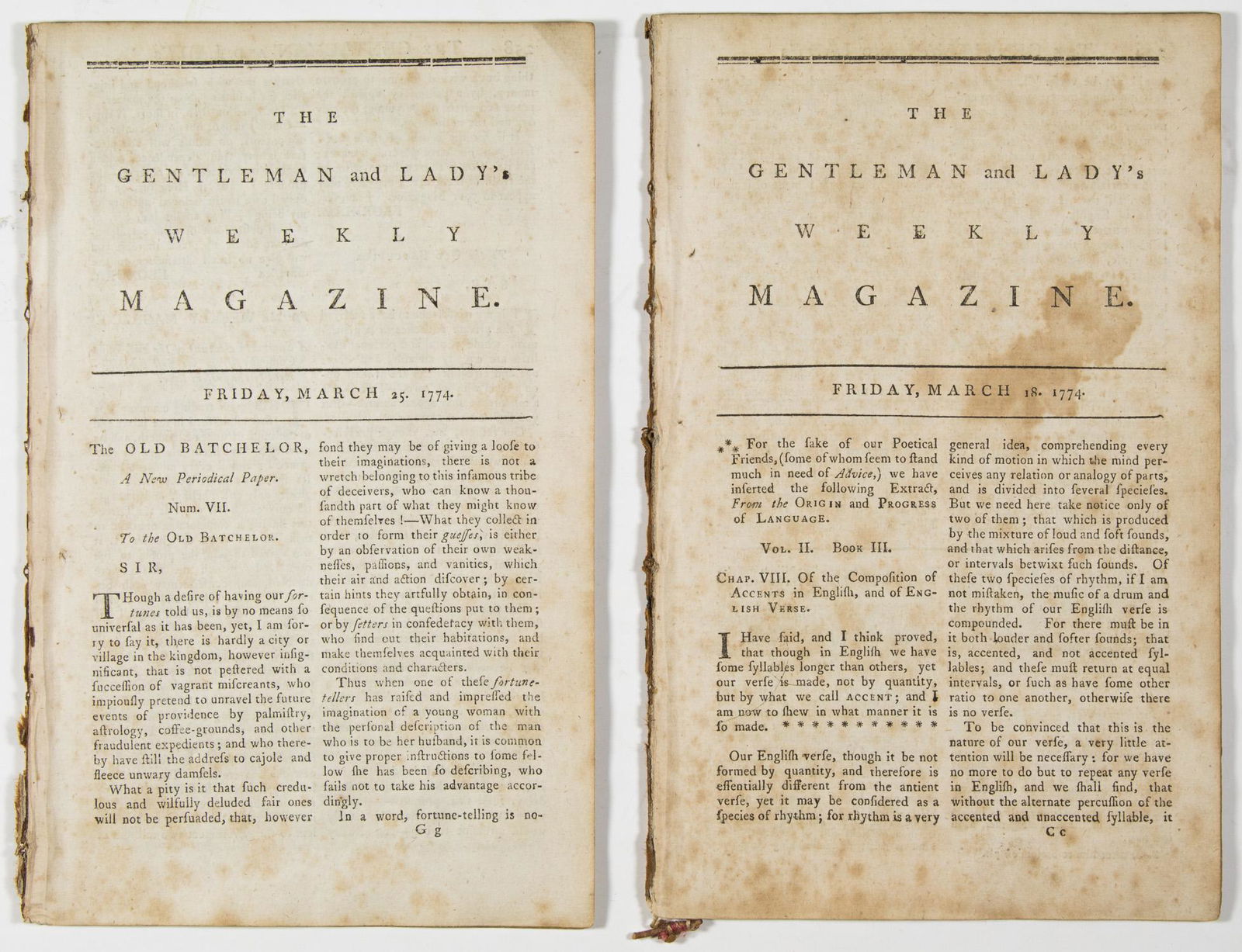 1774 PUBLICATIONS DESCRIBE THE 'BOSTON TEA PARTY': Good pair of 'Gentleman and Lady's Weekly Magazines', each 30pp. 8vo, dated March 18 and 25, 1774, detailing the aftermath of the Boston Tea Party. The first notably describes threatening anti-Tea Par
