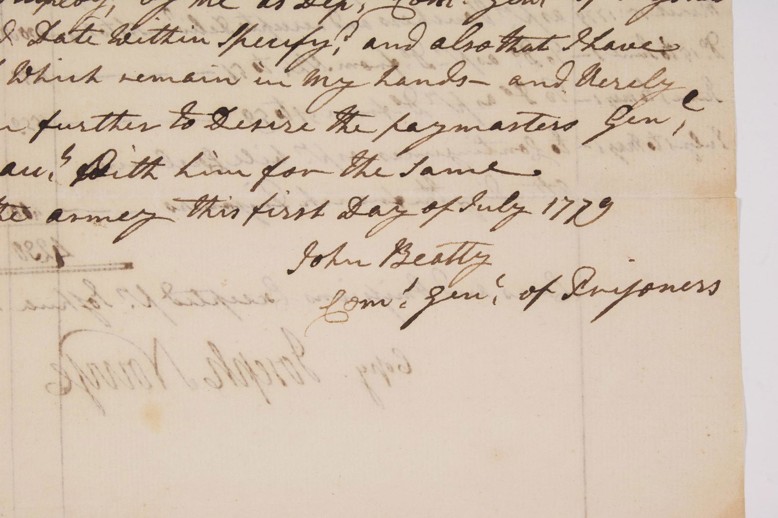 JOHN BEATTY: (1749-1826) Major in the Continental Army, and later a delegate to the Continental Congress for New Jersey. Also a physician and former student of signer of the Declaration of Independence Benjamin Ru