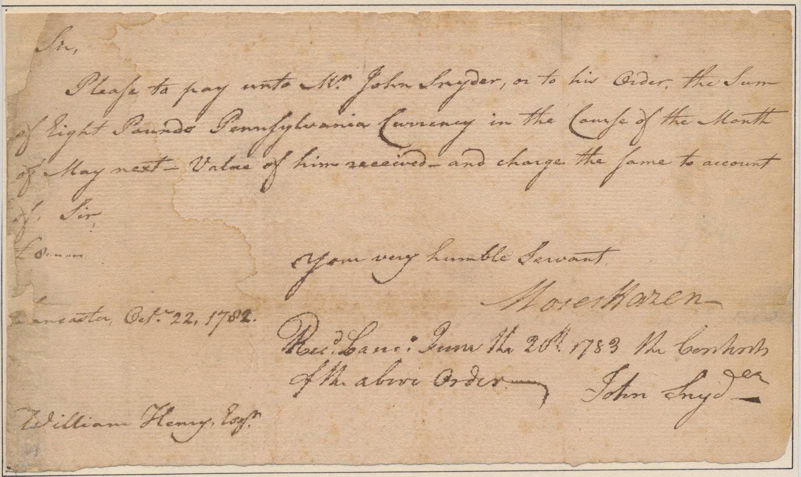 MOSES HAZEN: (1733-1803) Brigadier General in the Continental Army who also served in the French and Indian War. Hazen saw action at the Battles of Quebec, Germantown, Staten Island, and Yorktown. Manuscript L.S.,