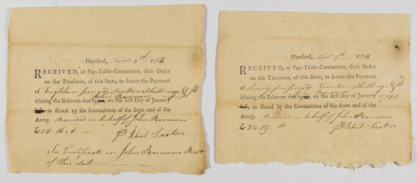 REVOLUTIONARY WAR PAYMENT VOUCHERS: Lot of two Continental Army payment vouchers, each 1p. 8vo., Hartford, Nov. 5, 1782, to John Barnum (1750-1816) a soldier in the 16th Connecticut Regiment, for the amounts of 75 pounds 19 shillings, a