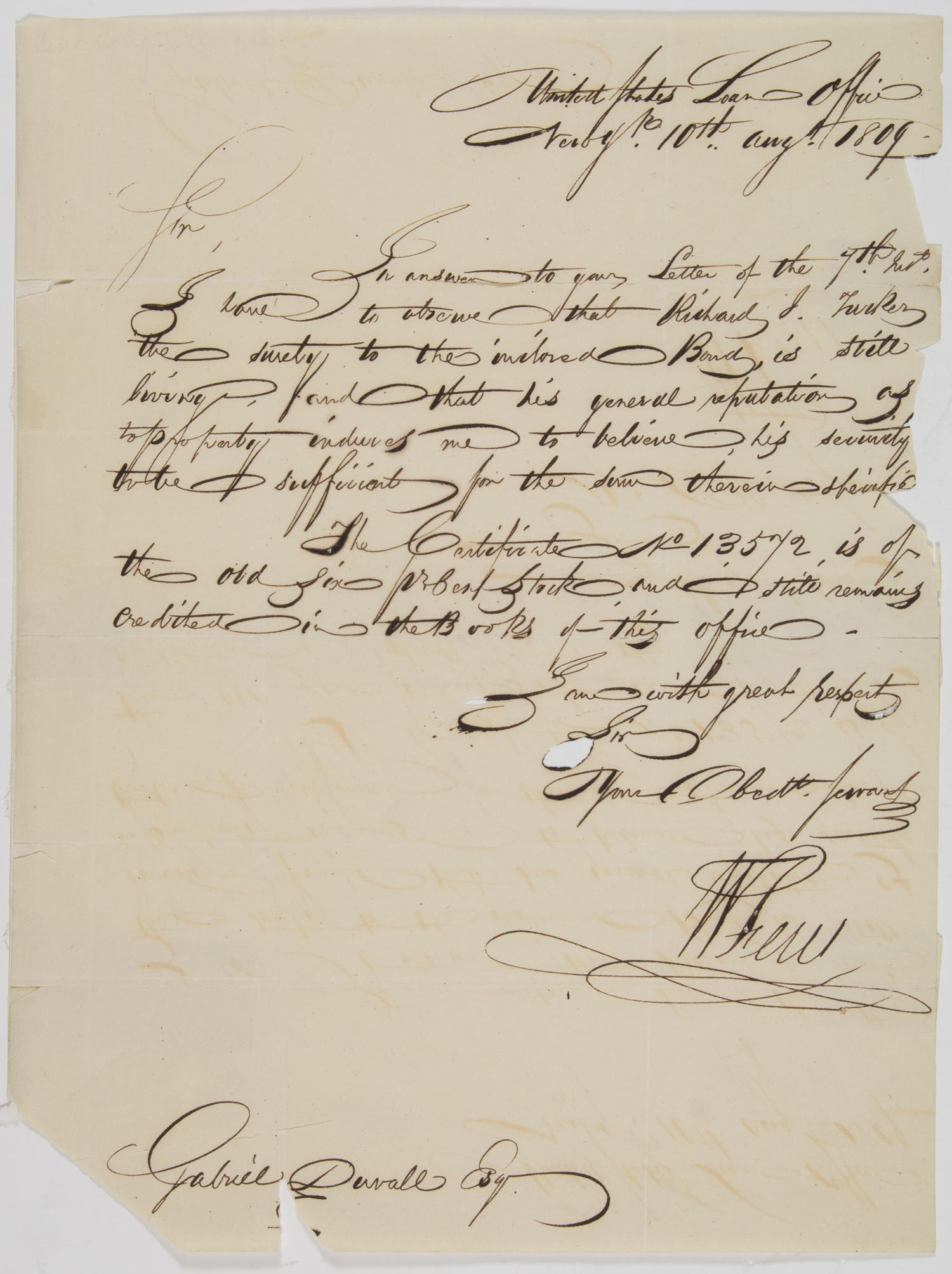 WILLIAM FEW: (1748 - 1828) Signer of the Constitution, lieutenant colonel during the American Revolution. Rare A.L.S 'W. Few', 1p. 4to., 'United States Loan Office', New York, Aug. 10, 1809 to GABRIEL DUVALL (1752