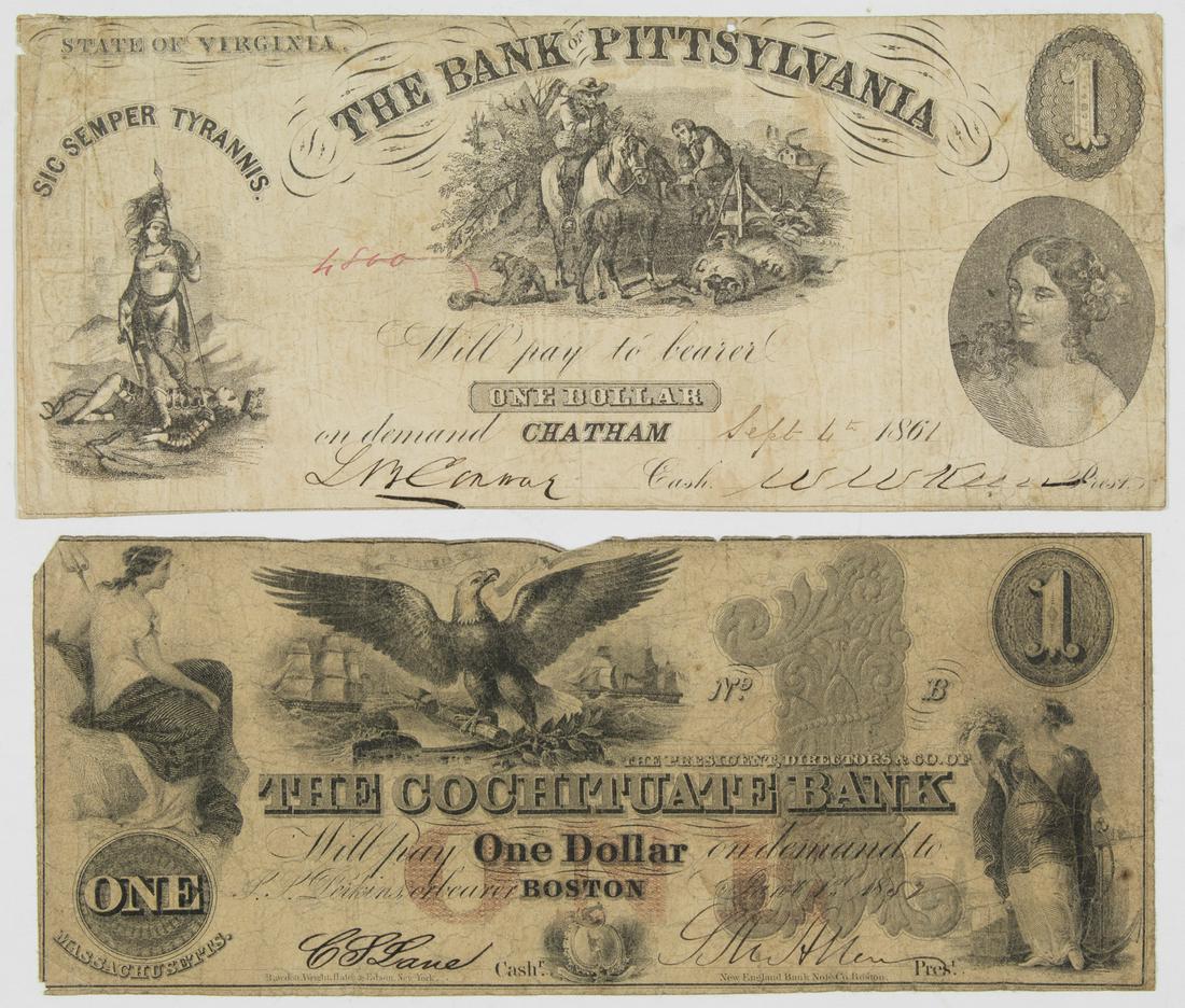 'BROKEN' 1$ BANK NOTES: A interesting lot of two $1.00 'broken' bank notes, one from the Cochituate Bank in Boston, MA, and the other from the Bank of Pittsylvania in Chatham, VA. From the time the U.S coinage system was fou