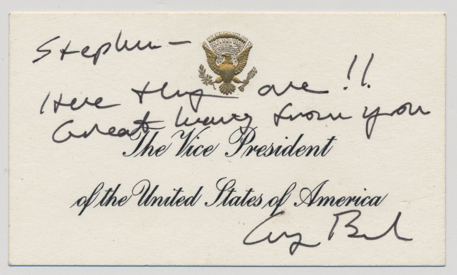 GEORGE H. BUSH: (1924-2018) Forty-first President of the United States who ordered the attack on Iraq to liberate Kuwait. A.N.S. as Vice President on the face of his calling card: 'Stephen - Here they are!! Great hea