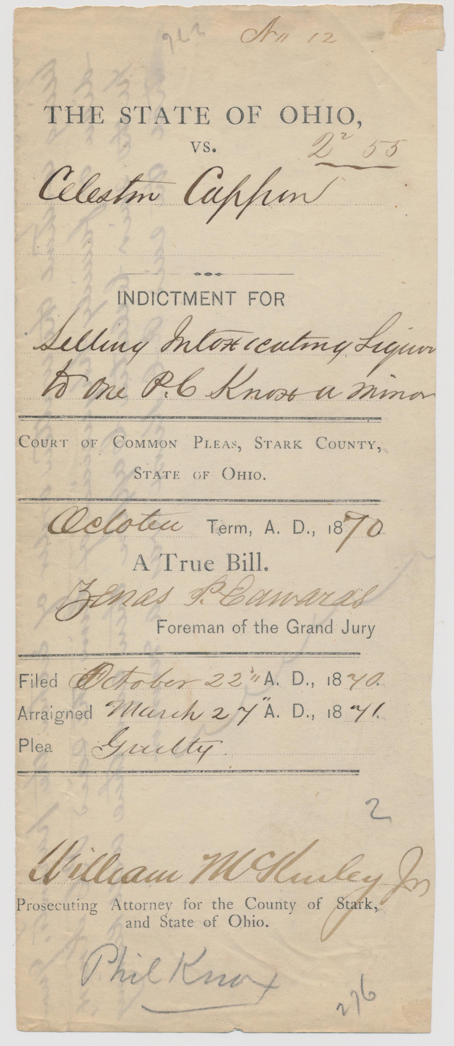 WILLIAM MCKINLEY: (1843 - 1901) Twenty-fifth President of the United States, acquired Cuba, Puerto Rico, Guam and Hawaii, assassinated. Leaf cut from a court document, 1p. 3.5 x 8.5 in., Stark Co., Ohio, Oct. 22, 1870,