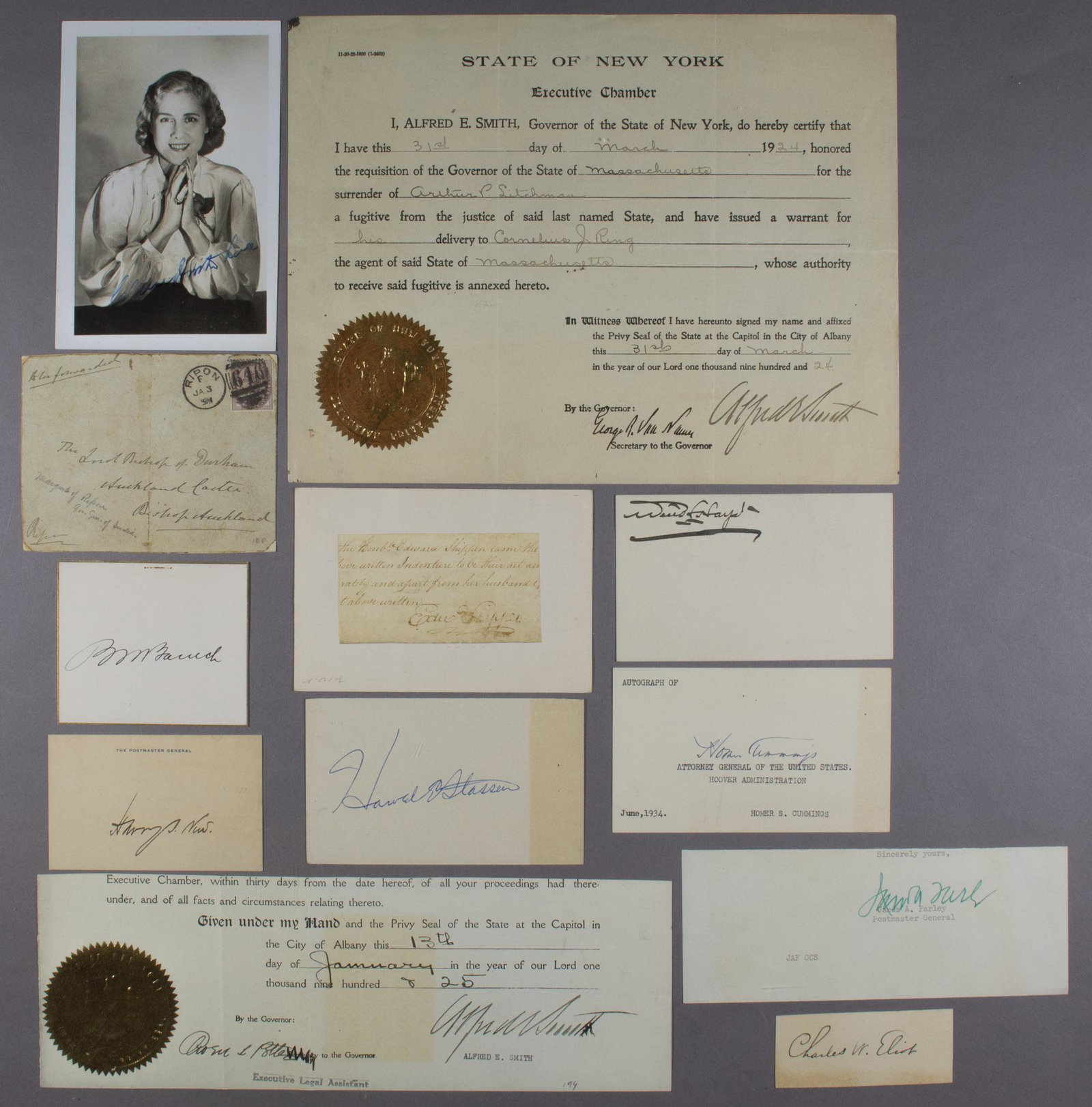 POLITICIANS (16): Collection of sixteen items, consisting of letters, signatures, photos, and documents signed by American and British politicians, including: HOMER S. CUMMINGS; HAROLD STASSEN; GEORGE ROBINSON, FIRST M