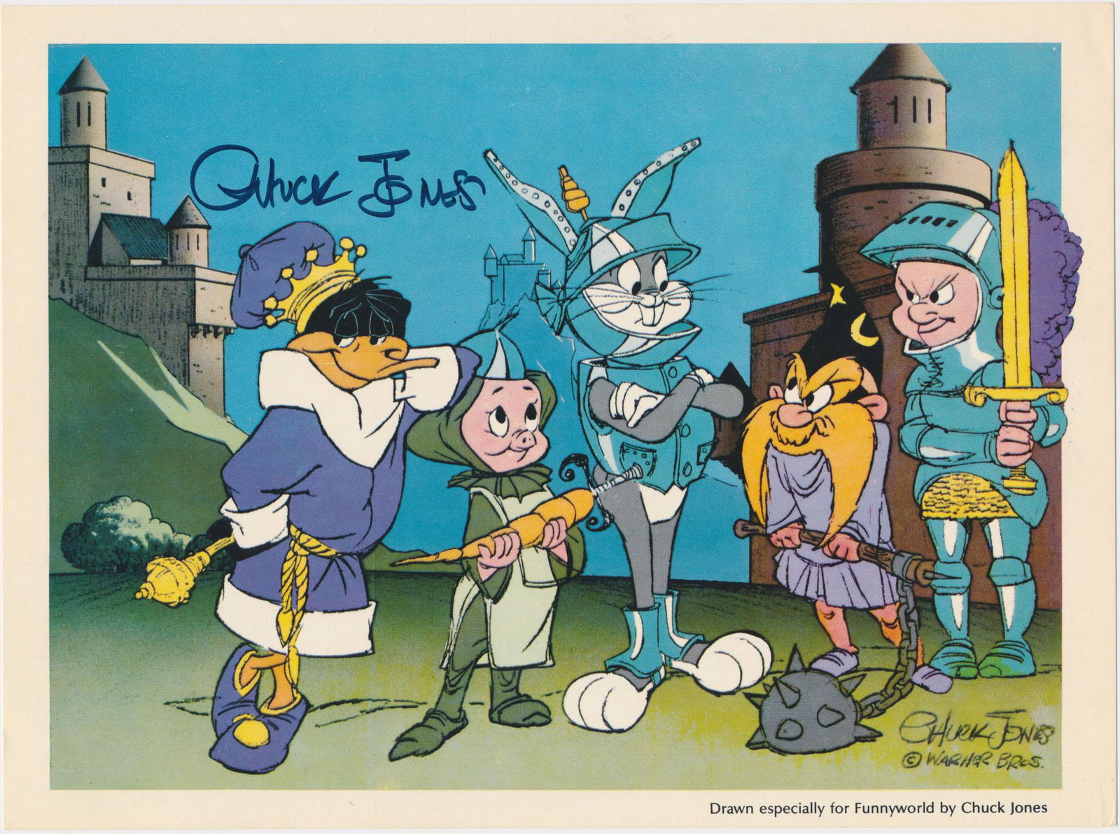 CHUCK JONES: (1912-2002) American animator and cartoonist, best known for his work on 'Looney Tunes' and 'Merrie Melodies' shorts. Vibrant S.P., 5 x 7 in., color, a depiction of Looney Tunes characters dressed in 