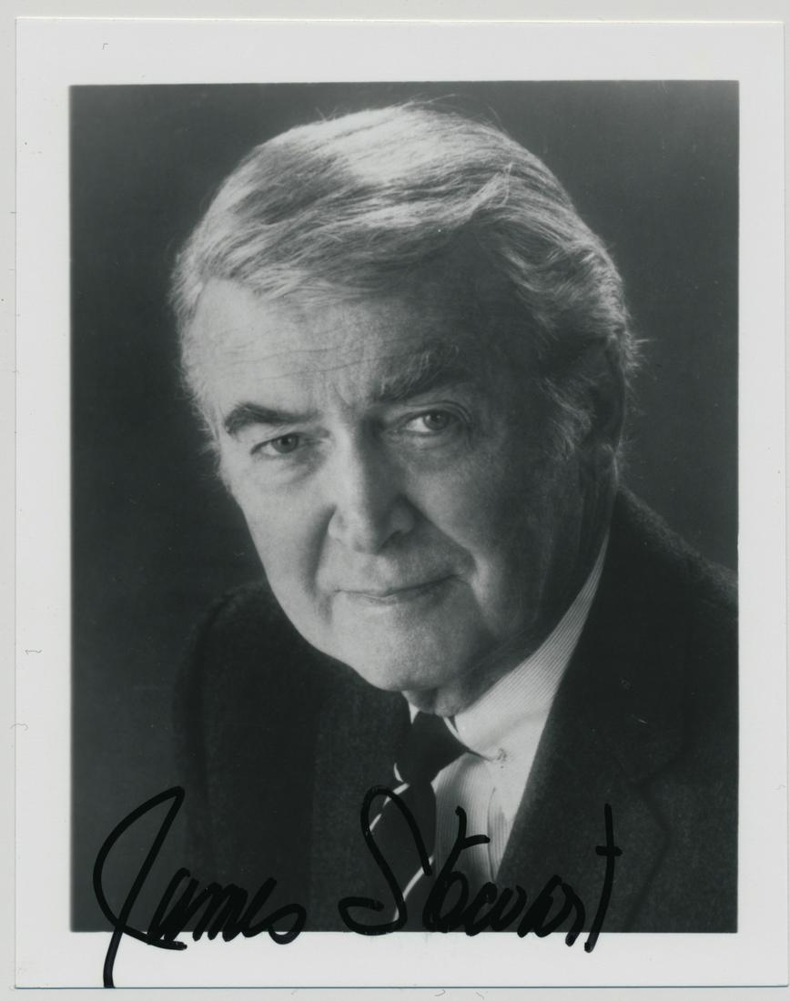 JAMES STEWART: (1908 - 1997) American film actor, star of 'Harvey' and 'It's a Wonderful Life', among many others. S.P., 4 x 5 in. glossy b/w, a chest-up portrait signed later in life at bottom in black ink. Fine.