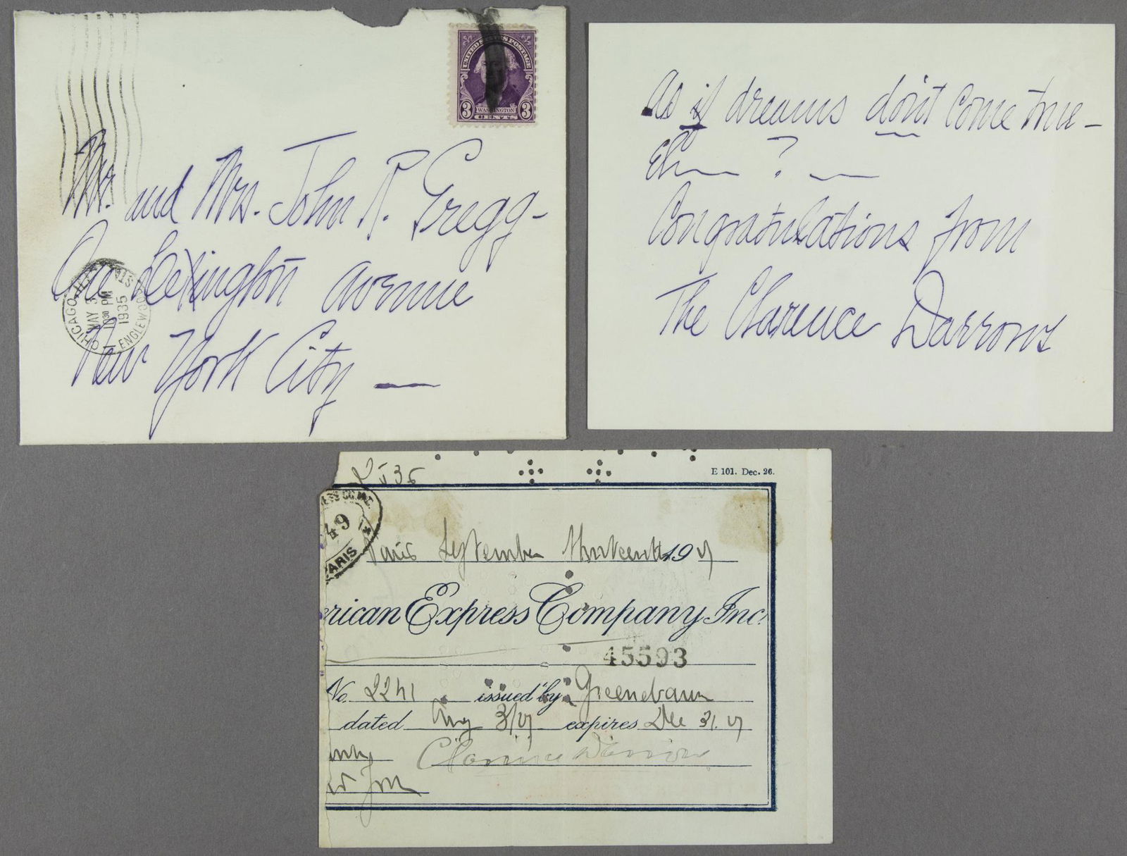 CLARENCE DARROW: (1857 - 1938) American lawyer who defended Eugene Debs, Leopold and Loeb, and John T. Scopes in the infamous 'Monkey Trial'. His blue ink signature on the right-half of a check issued to him, dated Se
