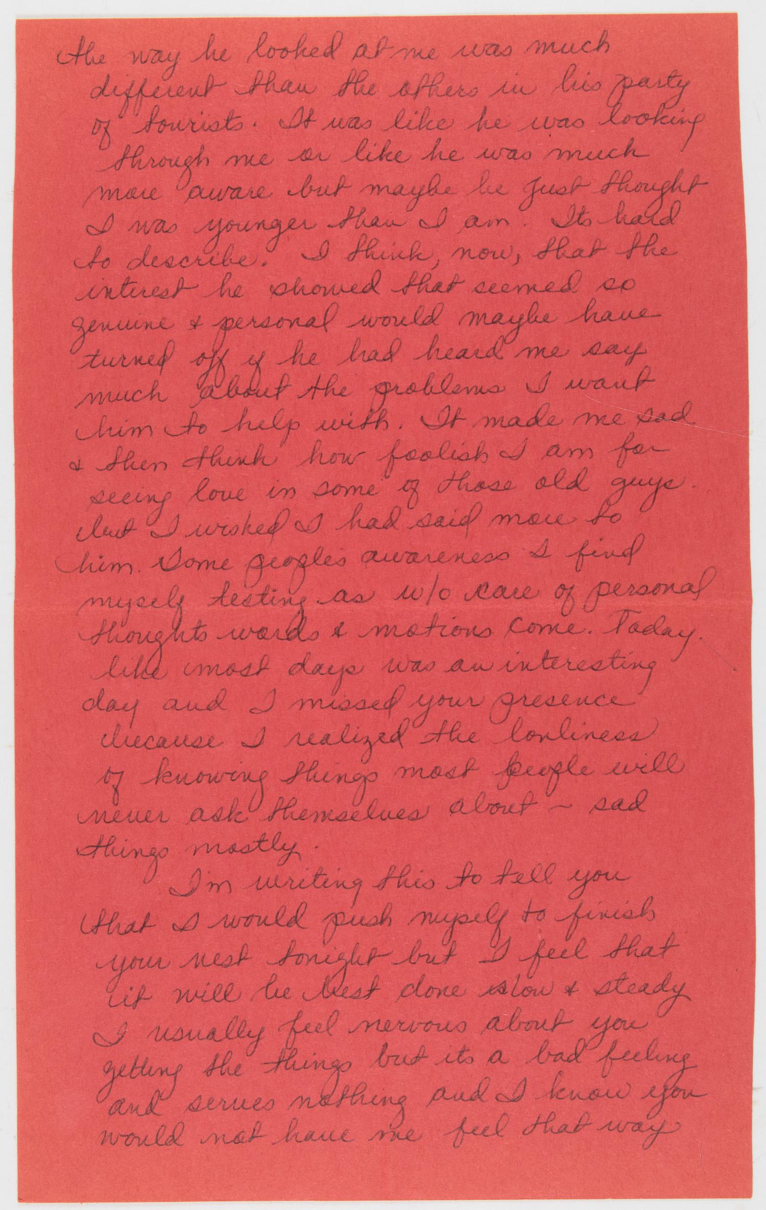 LYNETTE FROMME LETTER TO CHARLES MANSON: (b. 1948) 'Squeaky', follower of Charles Manson, later attempted to assassinate President Gerald Ford, failing to get a shot off when her gun jammed. Vibrant A.L.S. 'Red' on red construction paper, 2p