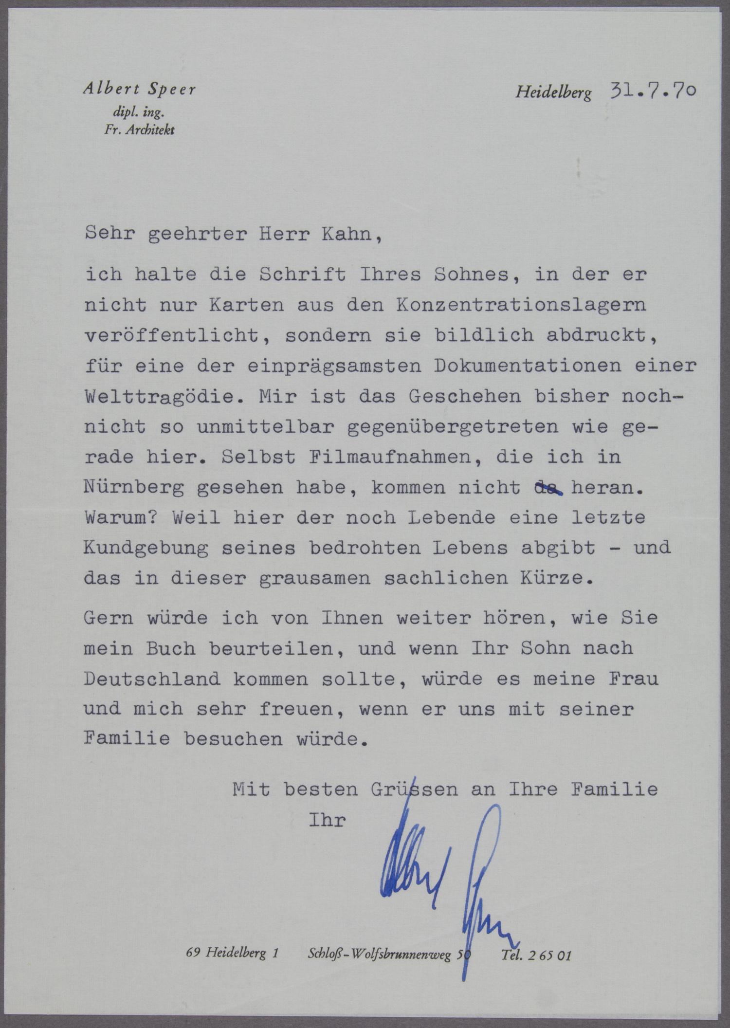ALBERT SPEER: (1905-1981) Nazi German architect and Minister of Armaments and War Production, convicted of war crimes at Nuremburg. Good Holocaust content T.L.S., 1p. 8vo., Heidelberg, July 31, 1970, a letter to hi