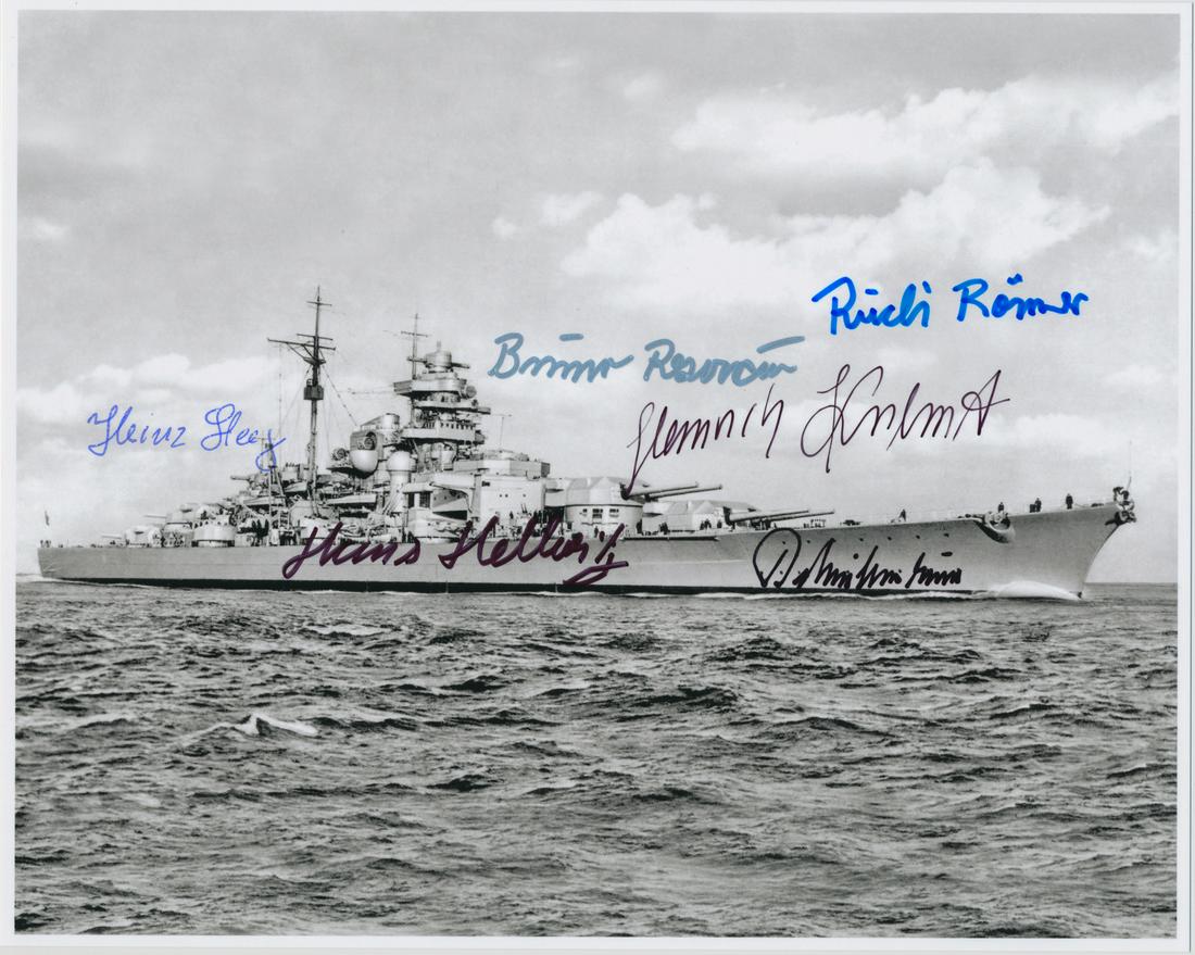 BATTLESHIP BISMARCK: A great S.P., 8 x 10 in. b/w, depicting the doomed battleship Bismarck, signed by six survivors including HEINZ STEELE, HANS HELLWIG, BRUNO RZONCA, RUDOLF ROMER, HEINRICH KUAHUT, and MULLENHEIM VON RE