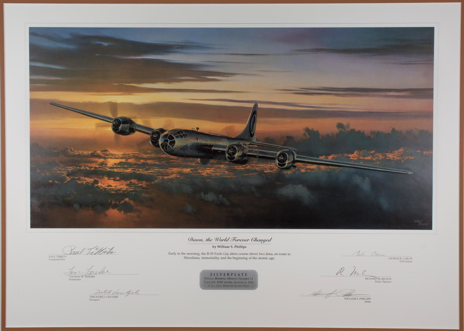 ENOLA GAY CREWMEMBERS: Excellent limited-edition print: 'Dawn, The World Forever Changed' by WILLIAM S. PHILLIPS, 22.5 x 16 in. (sight), no. 980/1000, depicting the Enola Gay above Iwo Jima en route to Hiroshima, signed by 