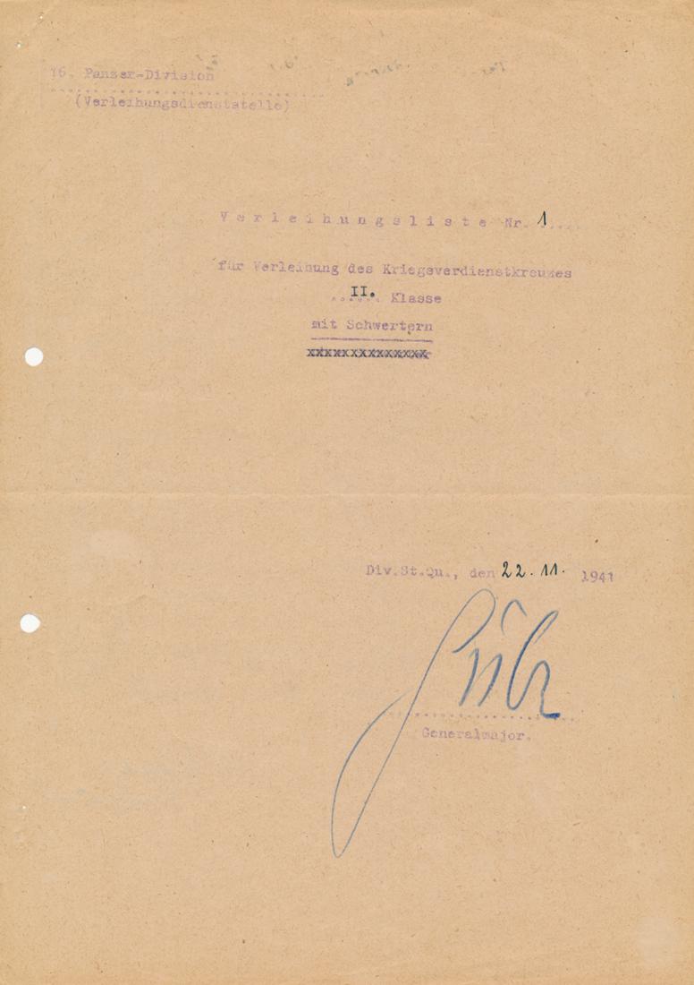 HANS HUBE: (1890 - 1944) 'The Man', Nazi one-armed Panzer general who fought in Poland and Ukraine, flown out of Stalingrad at the last minute to receive Swords for his Knight's Cross, died in a plane crash. Par