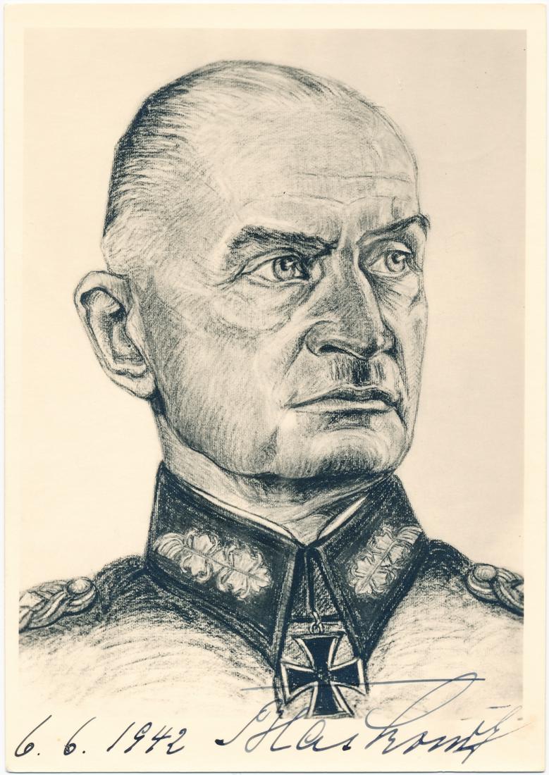 JOHANNES BLASKOWITZ: (1883 - 1948) Senior Wehrmacht general, commander of Polish occupation forces who opposed the excesses of the SS against the Jews. War-date S.P., 4 x 6 in. b/w, a chest-up artist's image of Blaskowitz