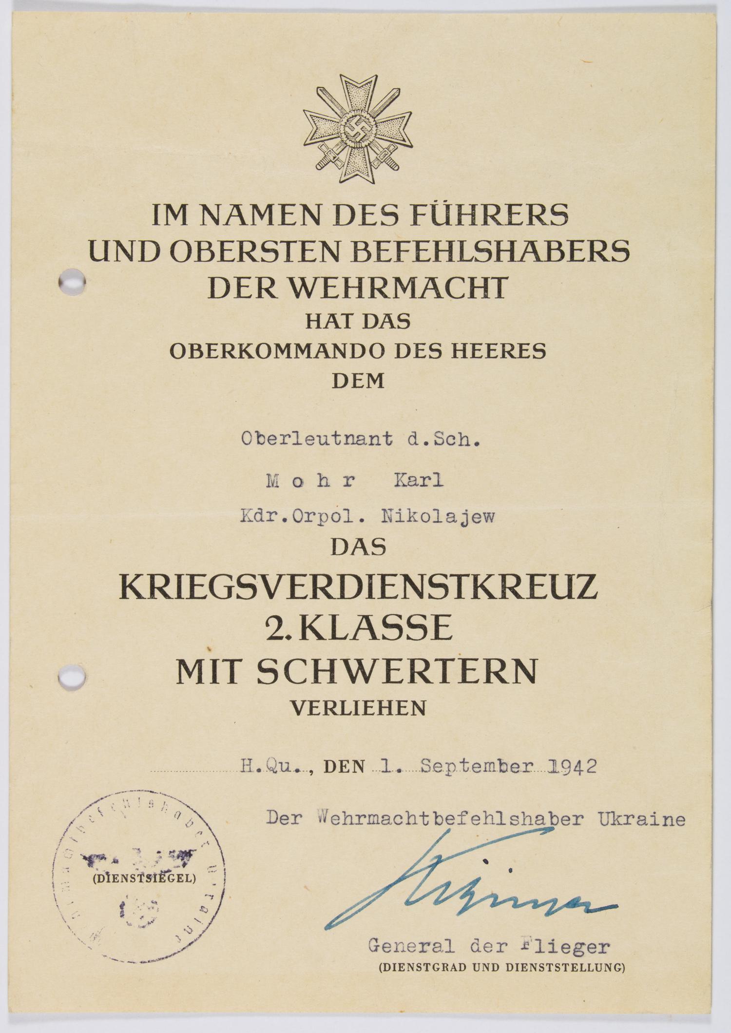 KARL KITZINGER: (1886 - 1962) Commander of the Reich Commissariat of Ukraine, in which he ordered the systematic murders of hundreds of thousands of Jews. In 1944, Hitler appointed him the Military Commander of Franc