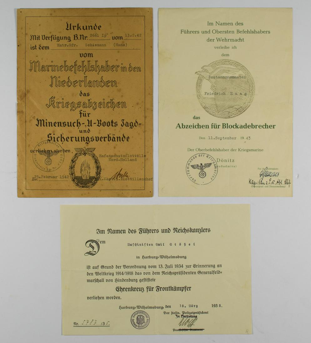 KRIEGSMARINE OFFICERS (5): Lot of five signed items from Kriegsmarine officers, includes: Knight's Cross recipient KURT CAESAR HOFFMANN (A.L.S.); ARNOLD BENTLAGE (signed award certificate for the Wound Badge in Black); ALFRED H