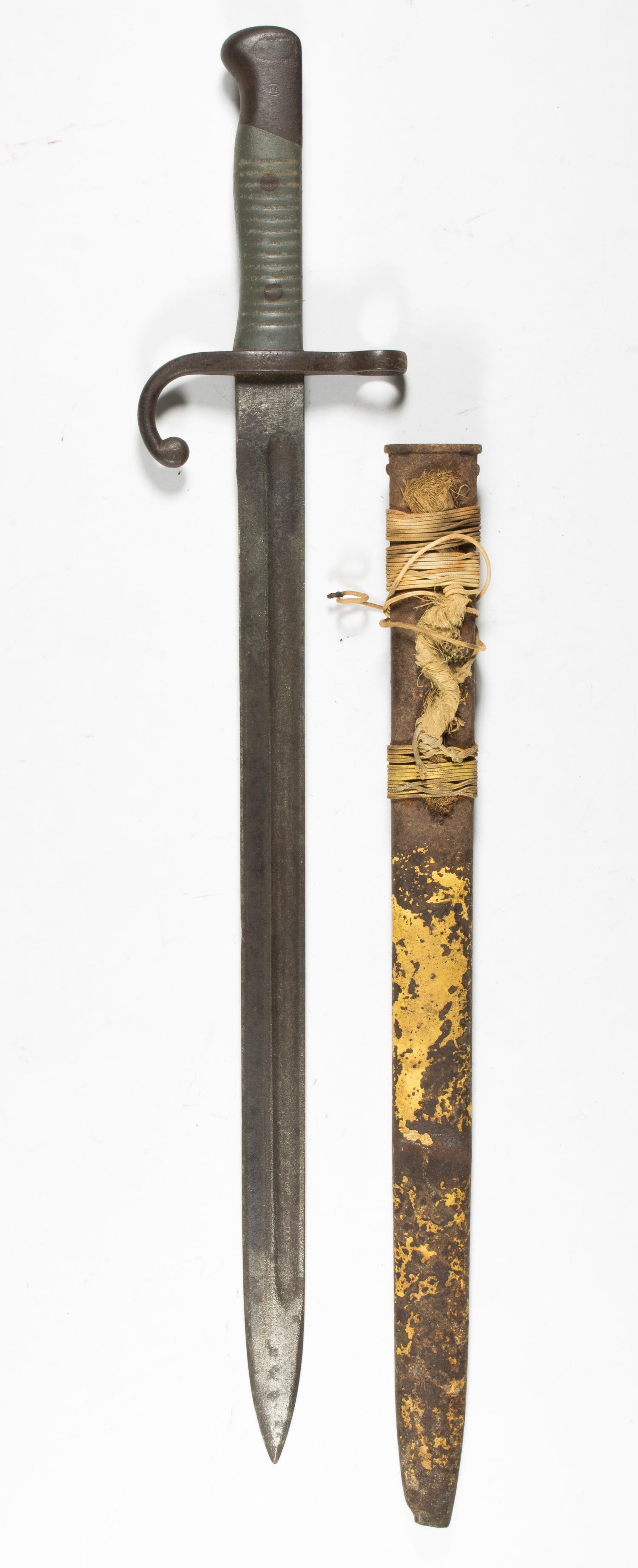 GERMAN BAYONET AND SCABBARD RECOVERED ON KWAJALEIN: A very curious relic from Kwajalein Atoll, a German Model 1891 'MODELO ARGENTINO 1891' bayonet, 20.25 in. long overall, the reverse of the blade reading: 'WEYERSBERG, KIRSCHBAUM & CO., SOLINGEN'. The 