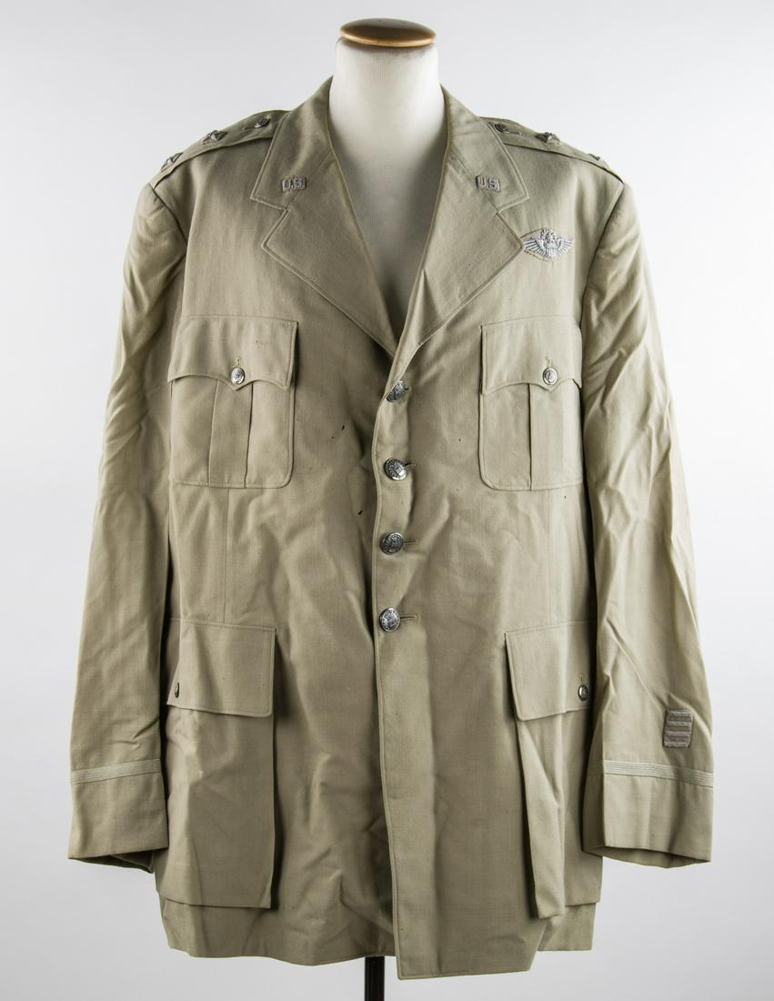 MAJOR GEN. CALEB HAYNES MAJOR GENERAL'S SUMMER TUNIC: Fine summer major generalâ€™s tunic owned and worn by Major General CALEB VANCE HAYNES. The post-war khaki wool jacket bears custom silver bullion insignia throughout, including Command Pilotâ��