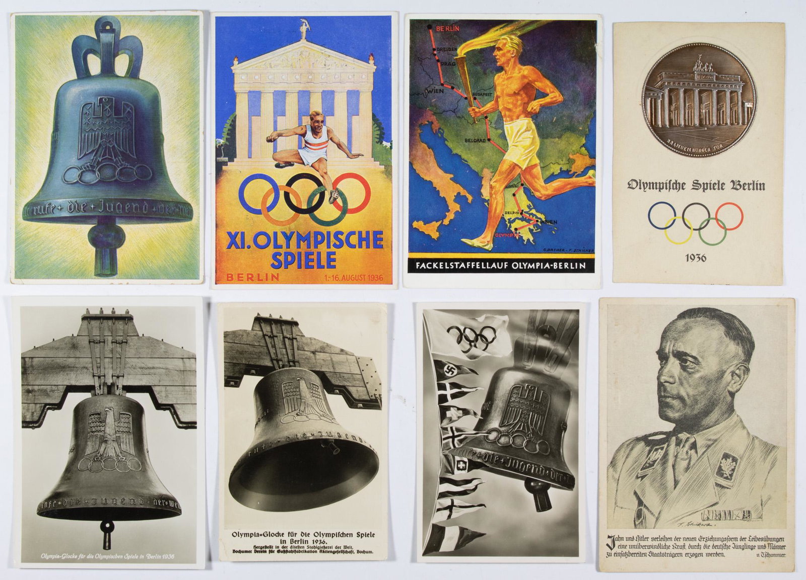 1936 BERLIN OLYMPICS COMMEMORATIVE POSTCARDS: Excellent lot of 14 postcards commemorating the 1936 Olympic games, many subjects including Tschammer, the Olympic Bell, athletes, the Olympic Stadium, and a nice example which incorporates a circular