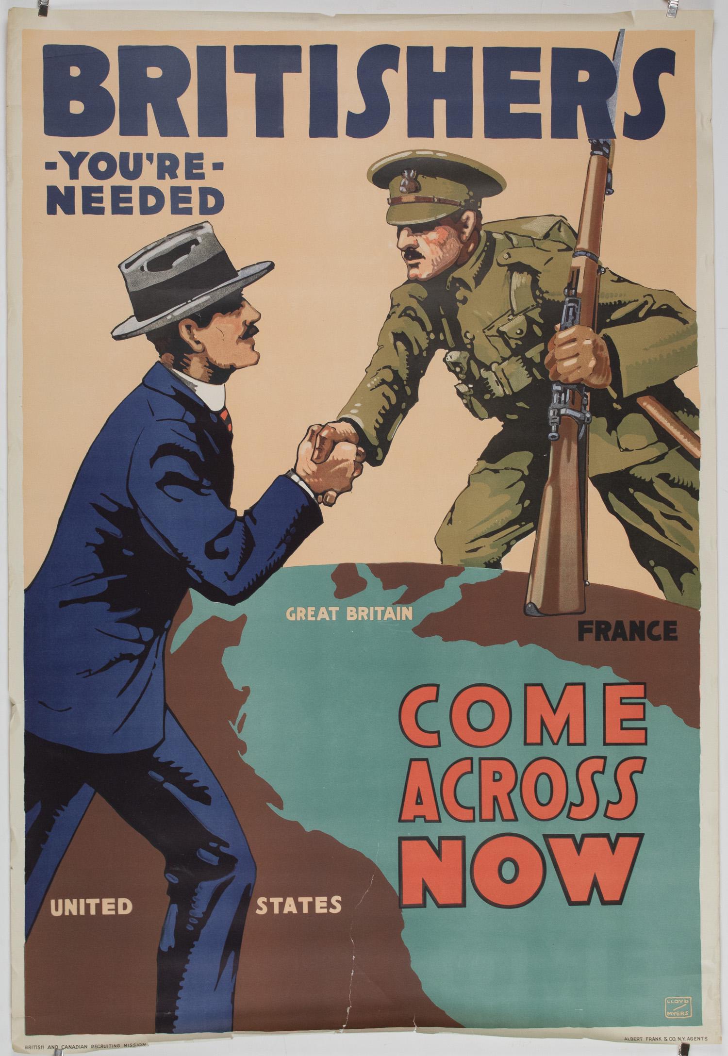 BRITISH WORLD WAR I RECRUITMENT POSTERS: A good pair of vintage British World War I recruitment posters. One, 19.5 x 30 in., published in London by The Parliamentary Recruiting Committee, 1915, bears the portrait of a British soldier at the 