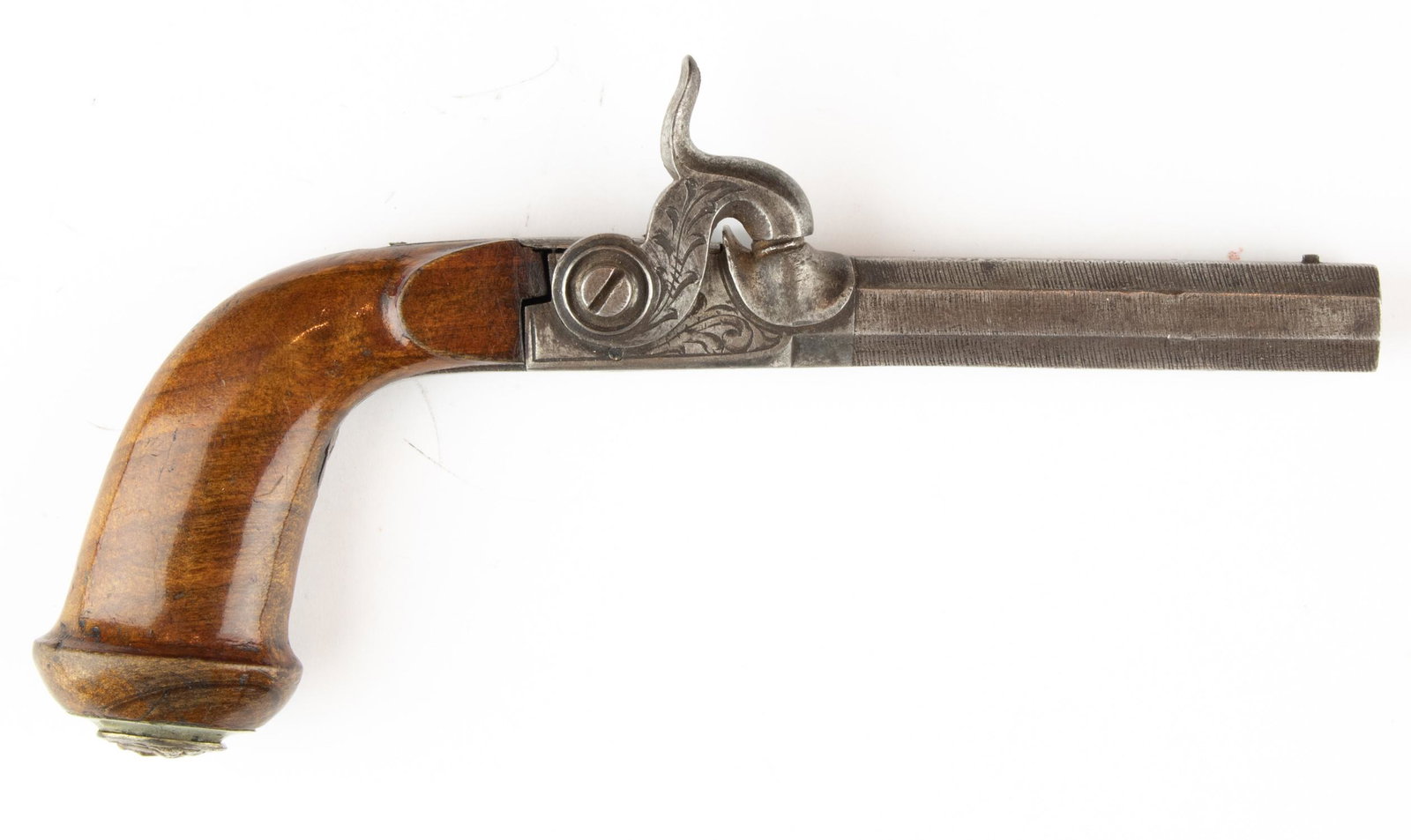 BELGIAN PERCUSSION POCKET PISTOL: A fine example of an 1840's single shot percussion pistol, 3 in. barrel, 8 in. overall. Mark near the percussion cap 'ELG' indicating it was produced in Liege, Belgium. Barrel and handle are both refi