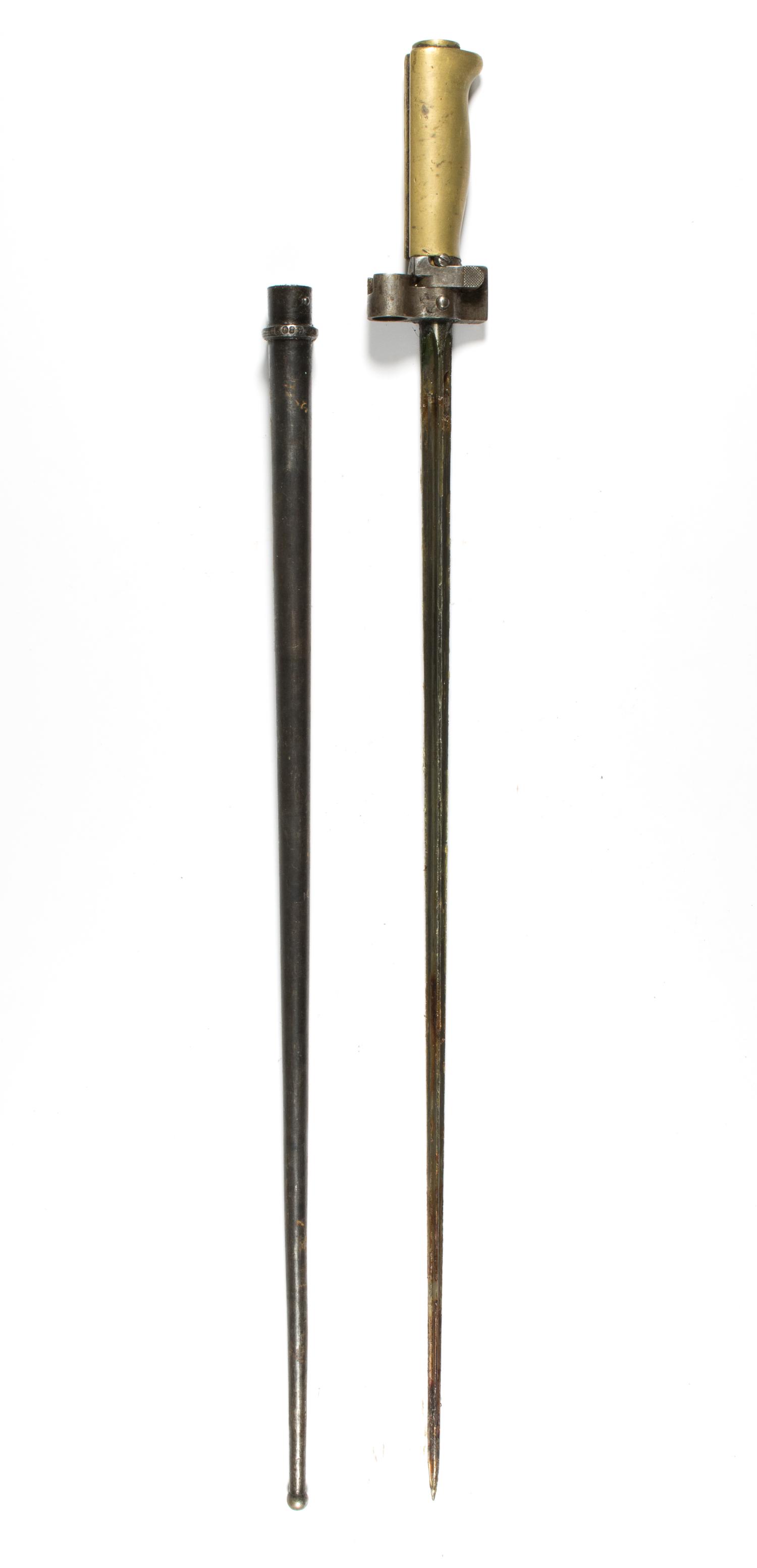 FRENCH M1886 LEBEL BAYONET: A late nineteenth century French bayonet for the Lebel rifle, 20 in. blade, 24.5 in. overall, with a lead alloy hilt, no cross guard, long cruciform blade, and press button. Serial numbers present on 