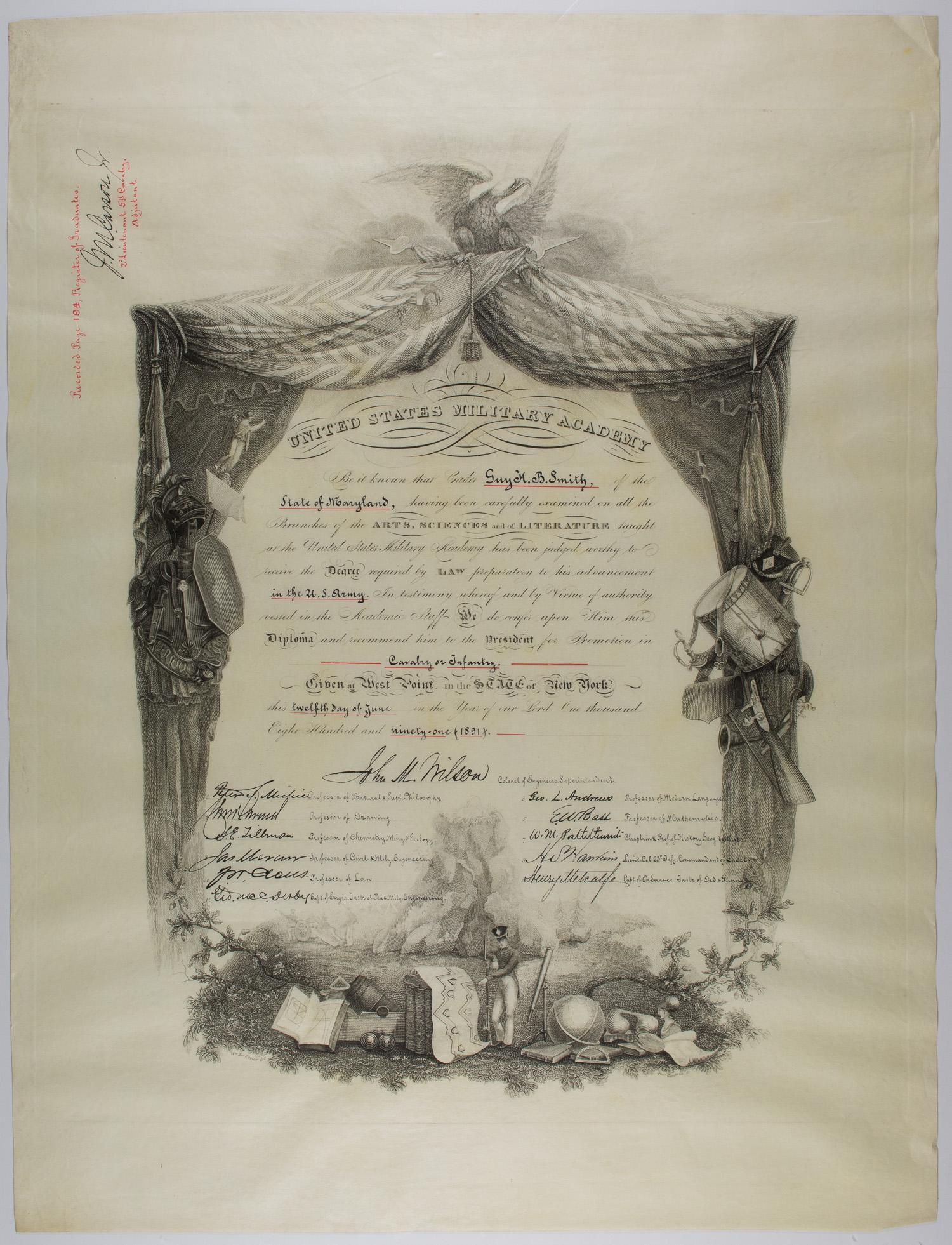 WEST POINT DIPLOMA, 1891: Military Academy diploma issued to cadet Guy H.B. Smith, 1p. 17.5 x 23.5 in., ornately decorated with all types of military images, awarded on June 12, 1891, and signed by multiple West Point staff me