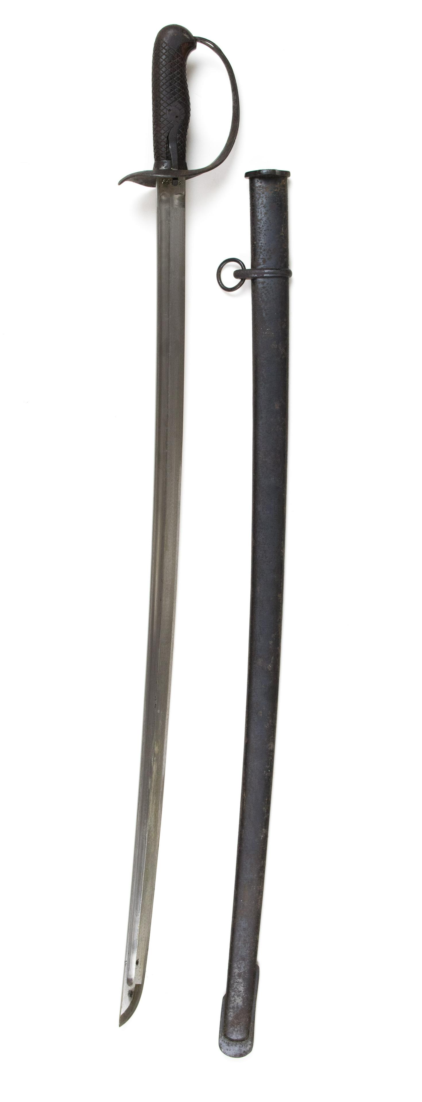 UNIDENTIFIED CAVALRY SABER: An unknown cavalry saber, 31 in. blade, 36 in. overall, with black metal hand and cross guard, partially wooden handle fastened with a screw bearing a scabbard locking mechanism. No marks on the blade