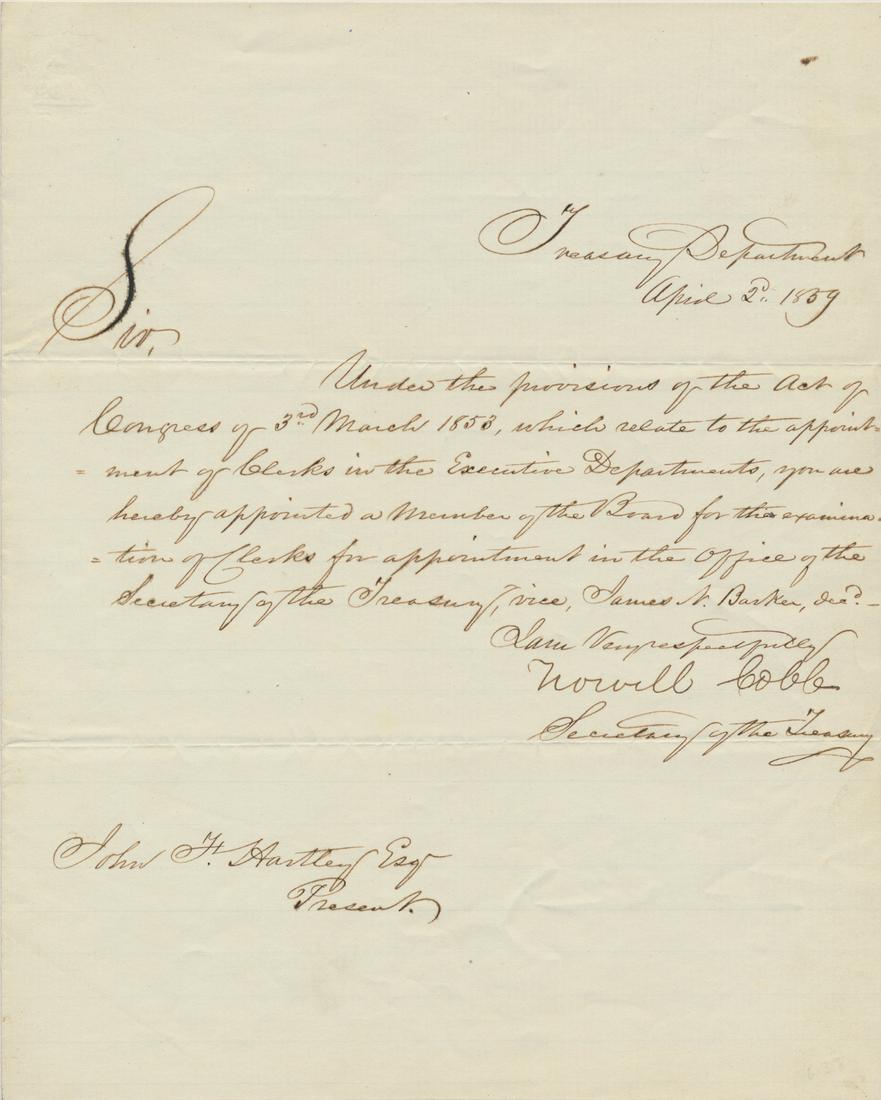 HOWELL COBB: (1815-1868) Speaker of the House, Governor of Georgia, Secretary of the Treasury under President James Buchanan, one of major founders of the Confederacy. Manuscript L.S., 1p. 4to., Washington D.C., A