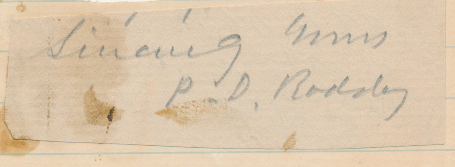 PHILLIP RODDEY: (1826 - 1897) Confederate brigadier general of cavalry who served under Braxton Bragg, Nathan Bedford Forrest, and Joseph Wheeler. Pencil signature on a 3.5 x 1 in. slip cut from letter, mounted. Some