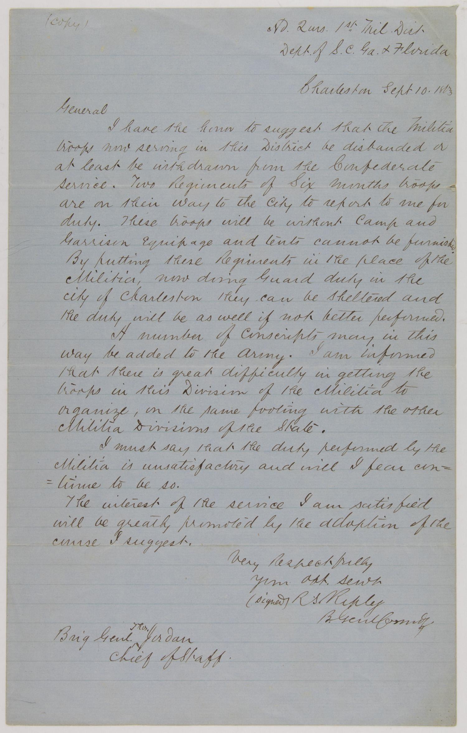 ROSWELL S. RIPLEY: (1823-1887) Confederate brigadier general who was present at the bombing of Fort Sumter, and saw action at Antietam, Fredericksburg, and Bentonville. Good content, war date A.L.S., 1p. legal folio, Ch